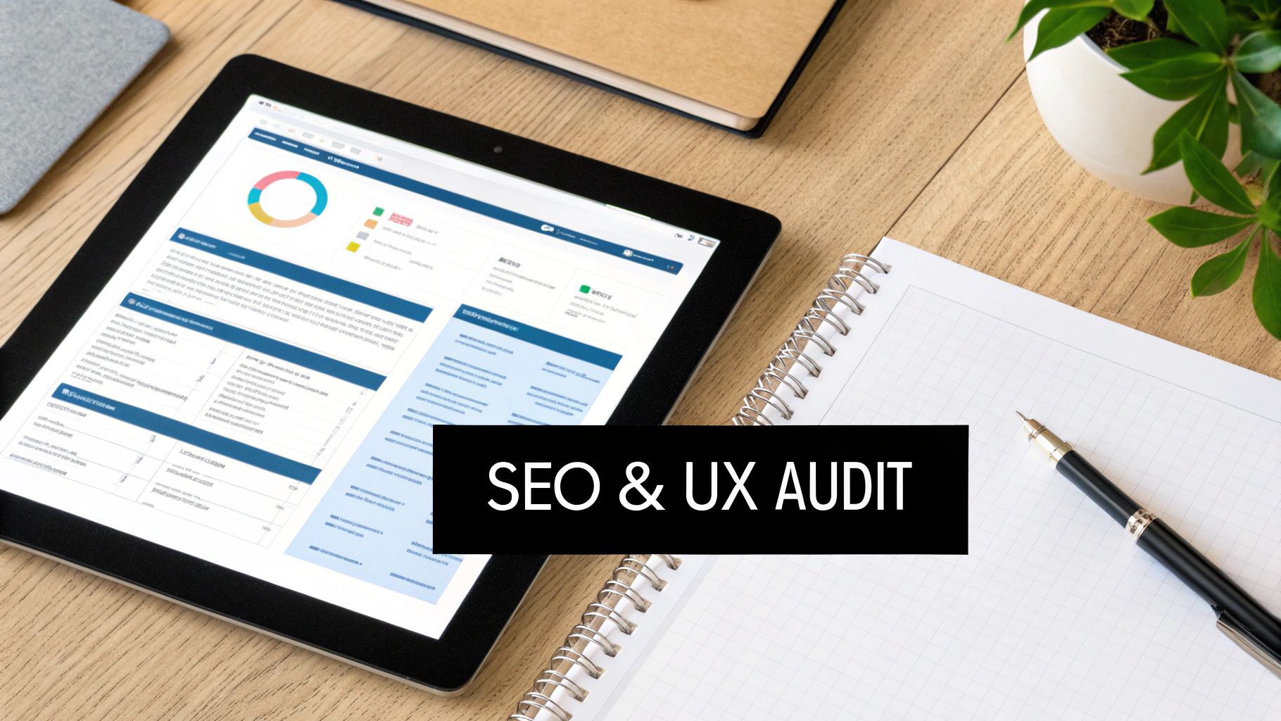 A tablet displays an SEO and UX audit report with charts and data, alongside a notebook and pen on a wooden desk.