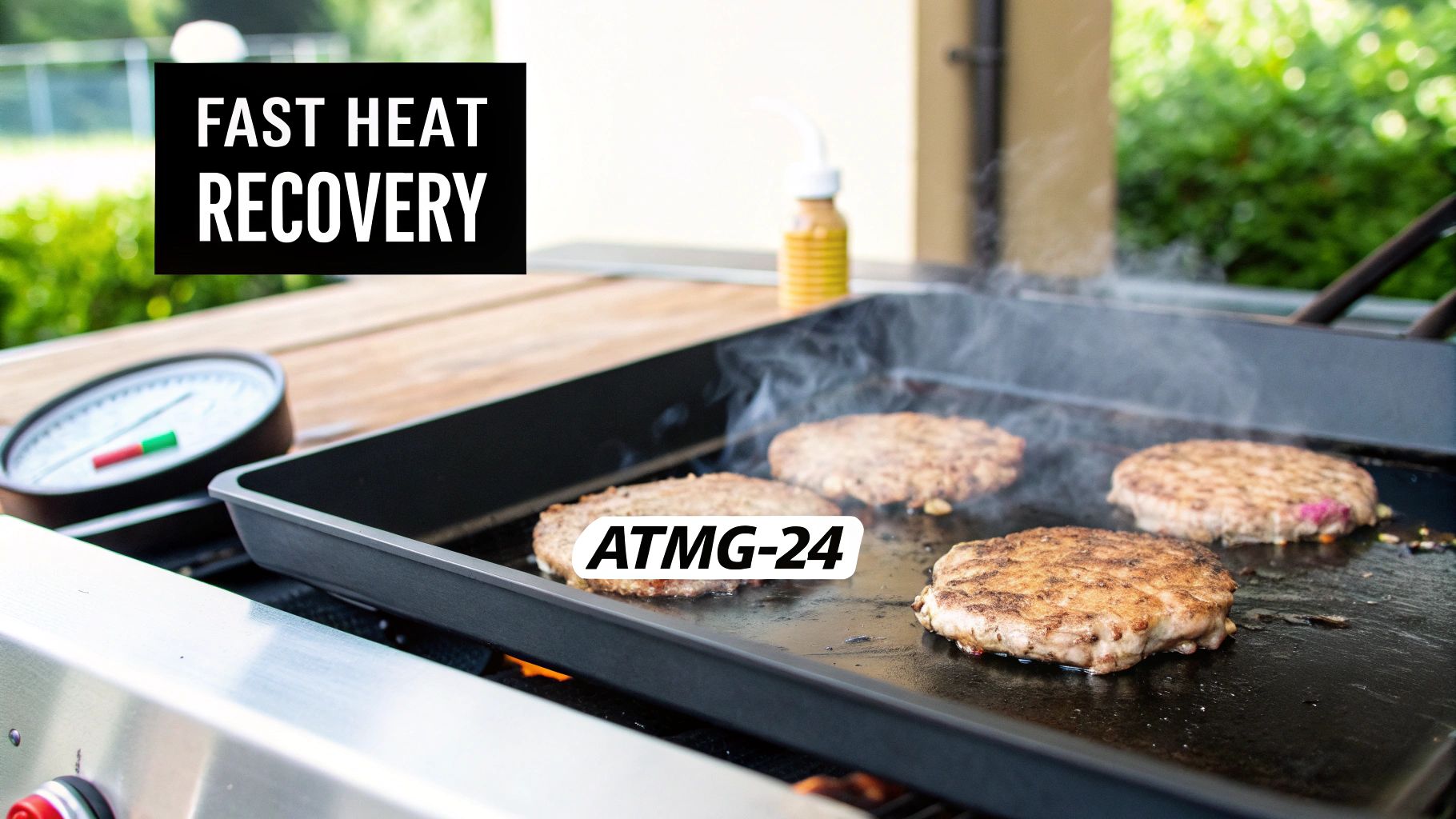 A chef flipping burgers on a sizzling ATMG-24 griddle in a commercial kitchen.