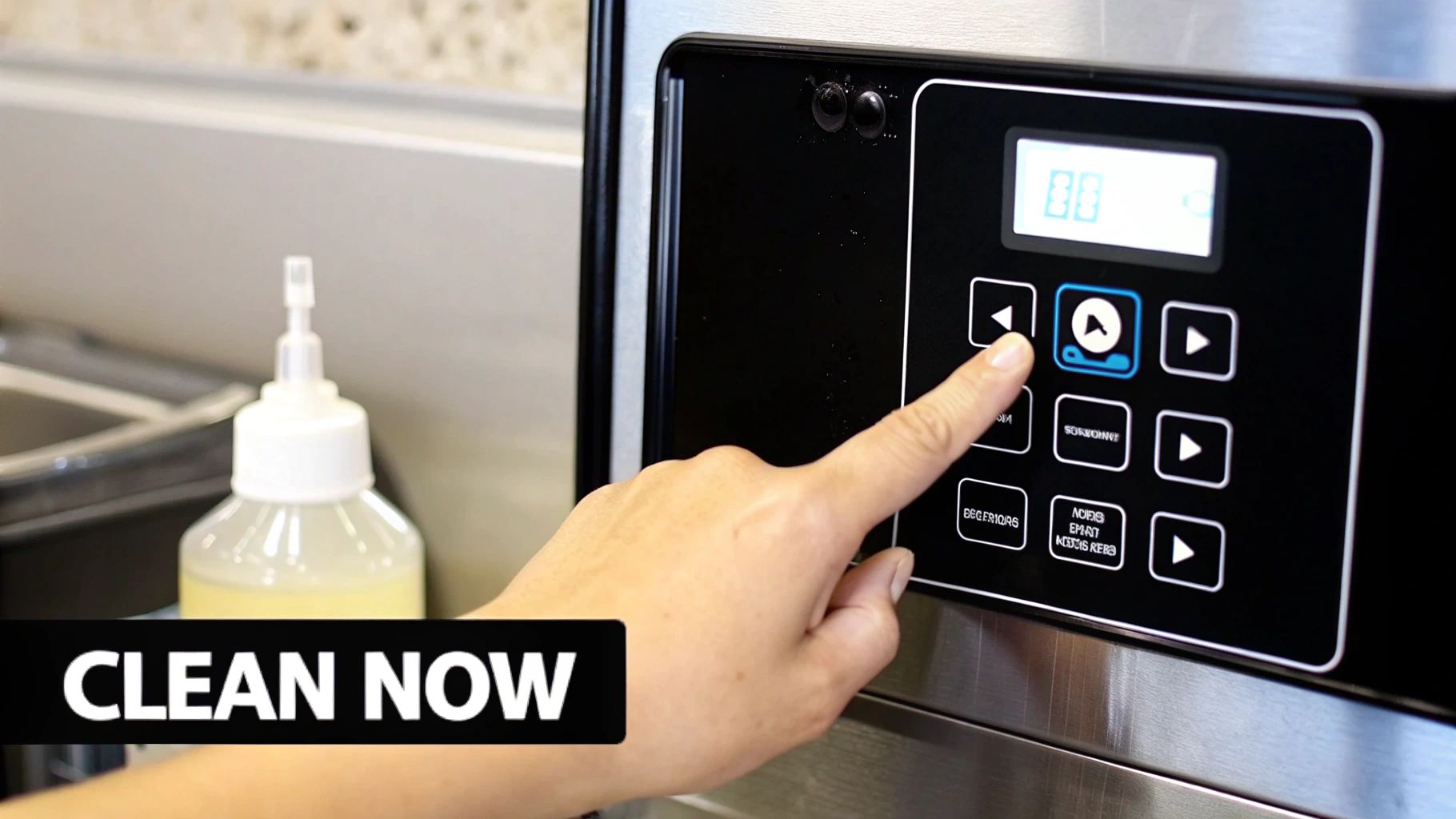 A hand presses a button on an ice maker's control panel for cleaning, with a solution bottle.