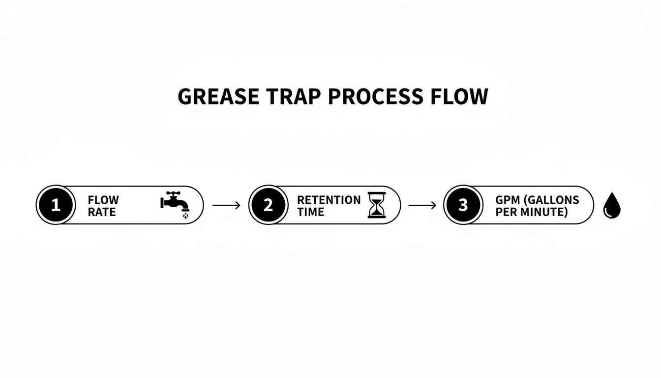 Diagram illustrating the grease trap process flow from flow rate, to retention time, and GPM.