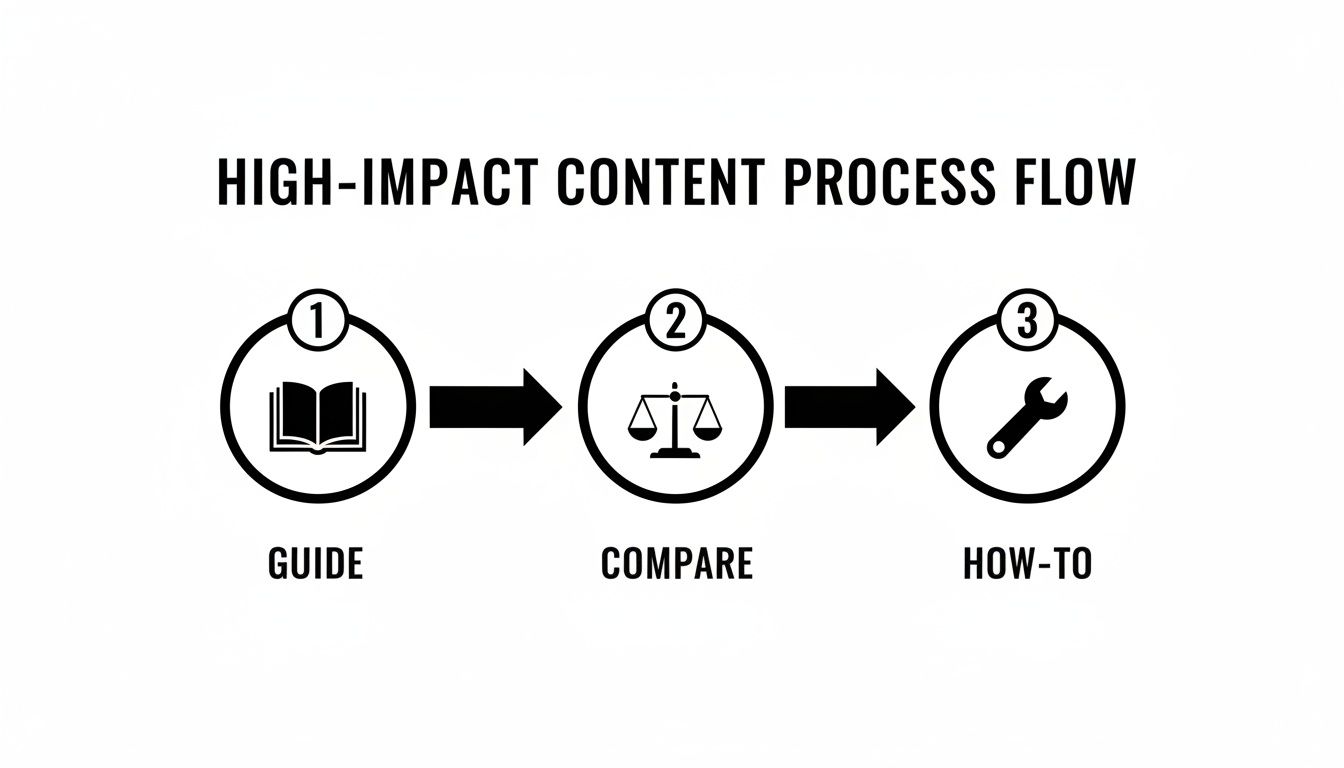 A diagram showing the high-impact content process flow with three steps: Guide, Compare, and How-To.