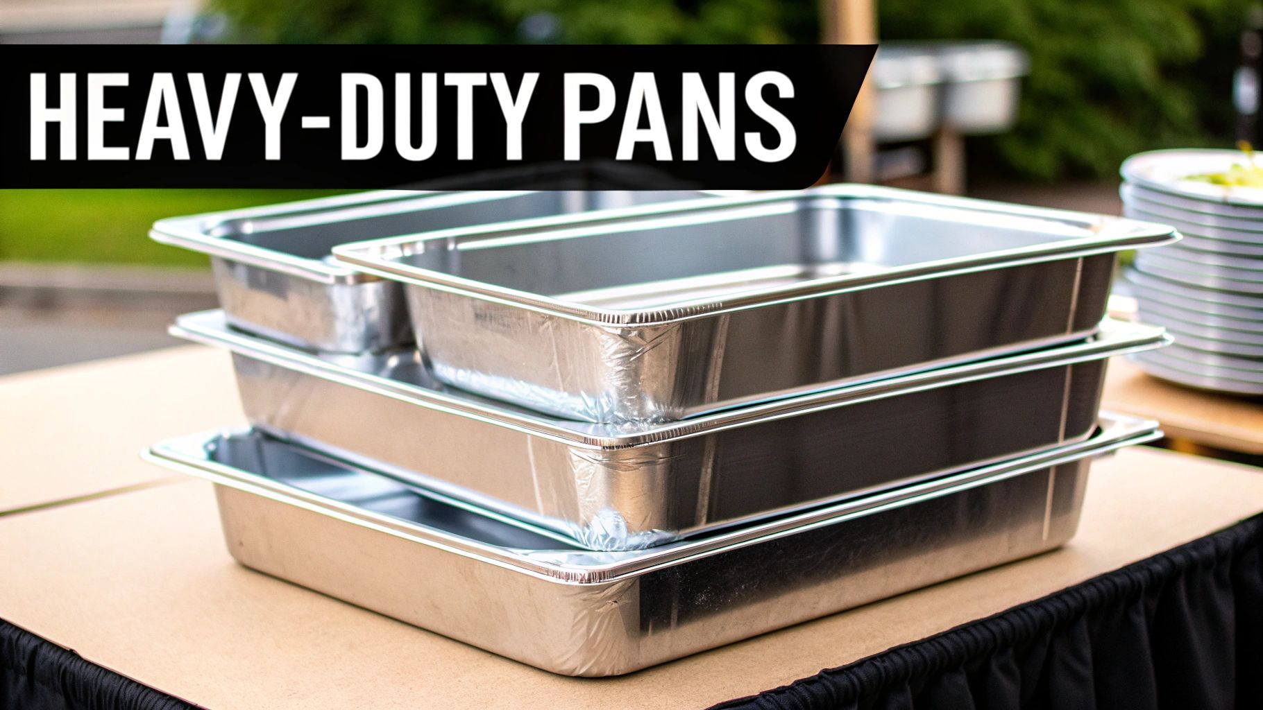 A stack of heavy-duty stainless steel steam table pans on a brown table with text.