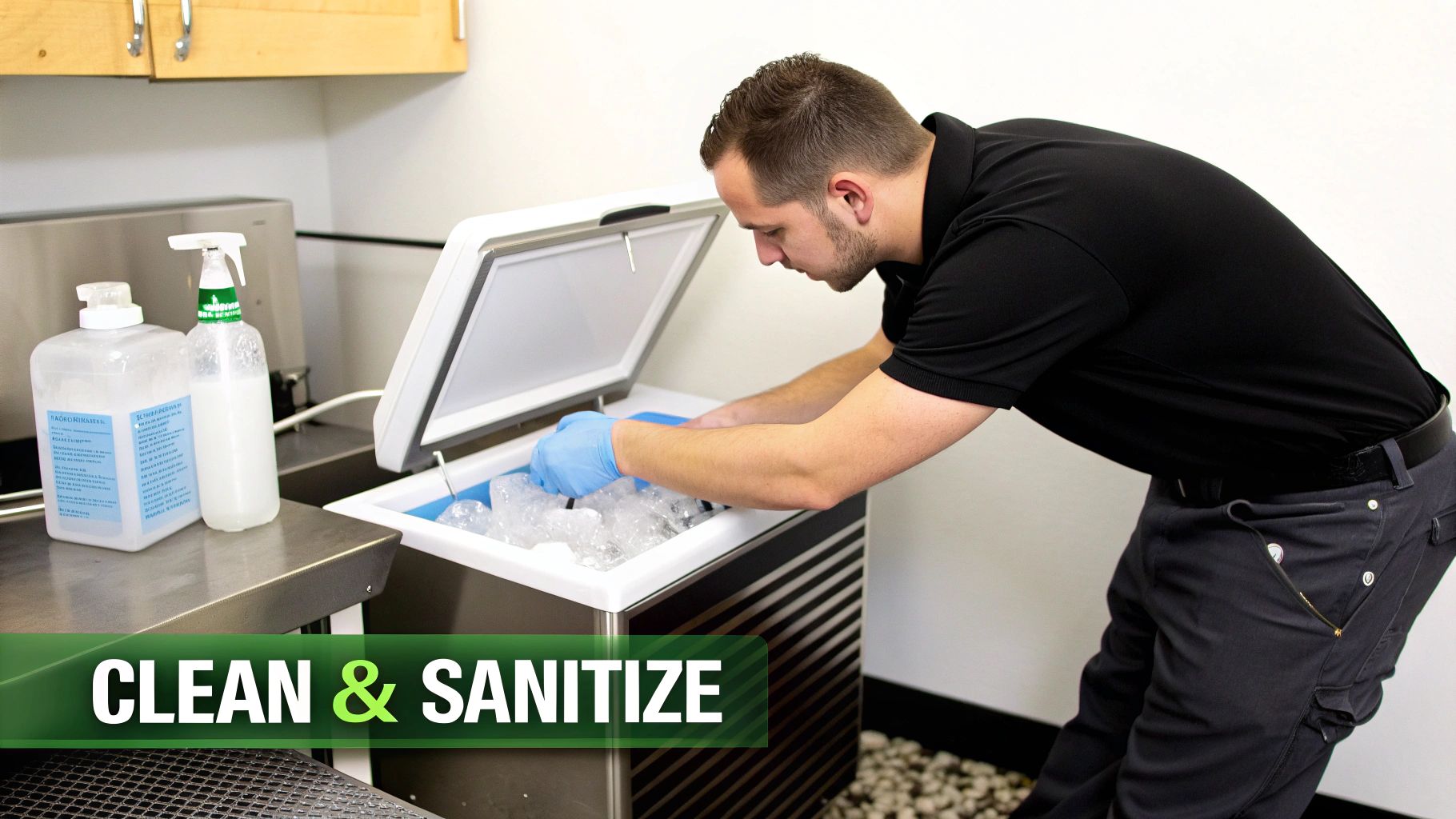 A person in blue gloves cleans a commercial ice maker, with cleaning supplies on the counter.