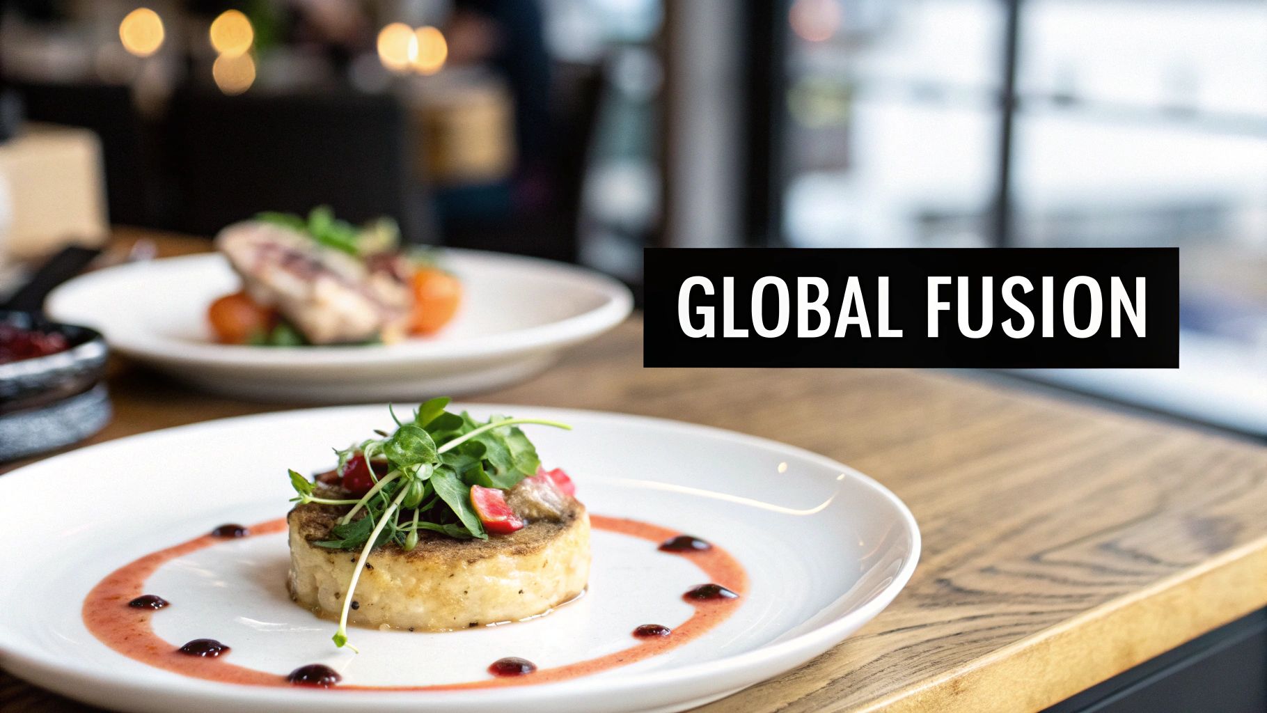 Two artfully plated gourmet dishes on a wooden table in a restaurant, with 'GLOBAL FUSION' text.
