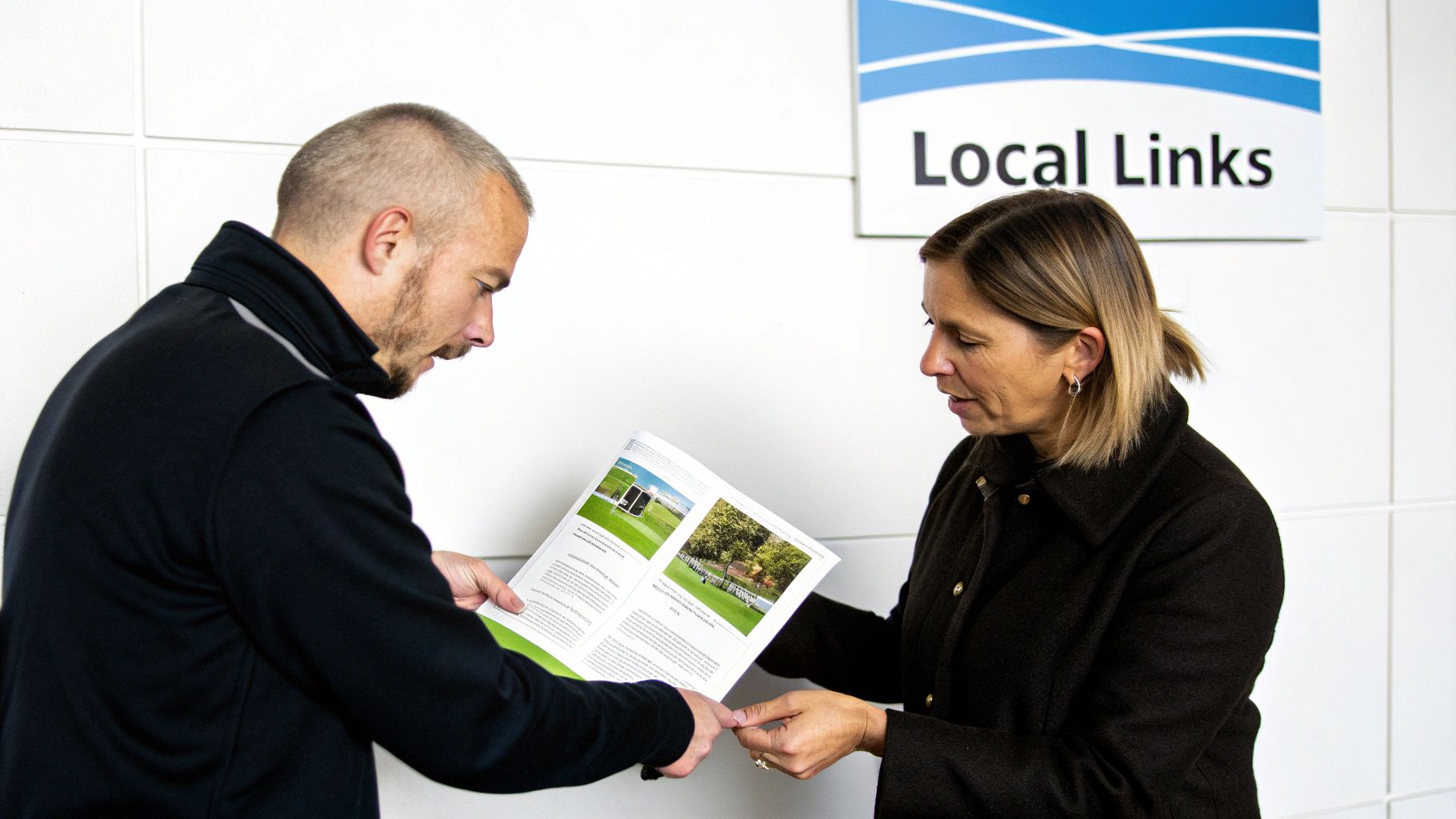 Two people, a man and a woman, discussing a brochure with images of a golf course.