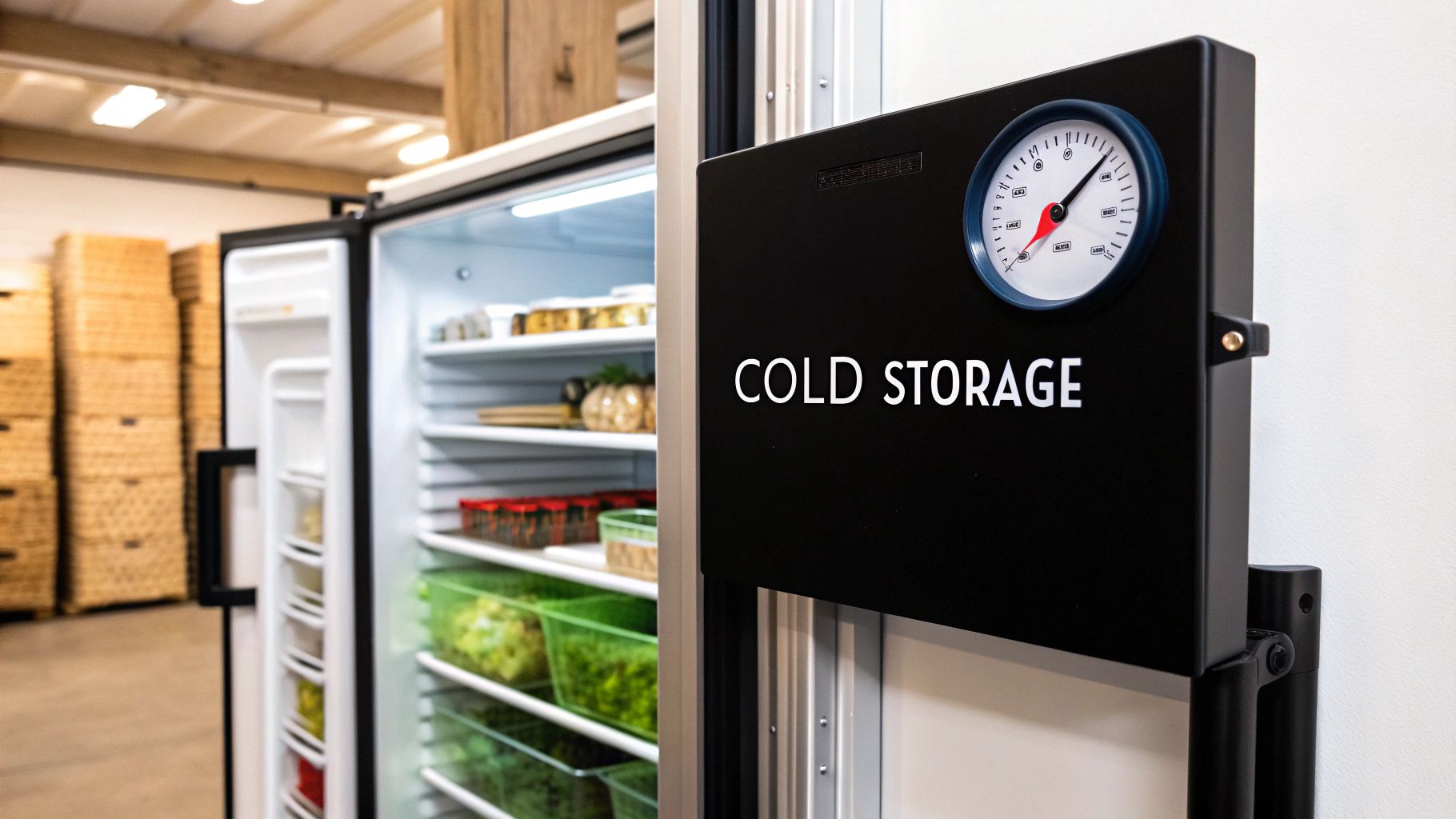An open commercial refrigerator filled with food, next to a black sign reading 'COLD STORAGE' with a temperature gauge.