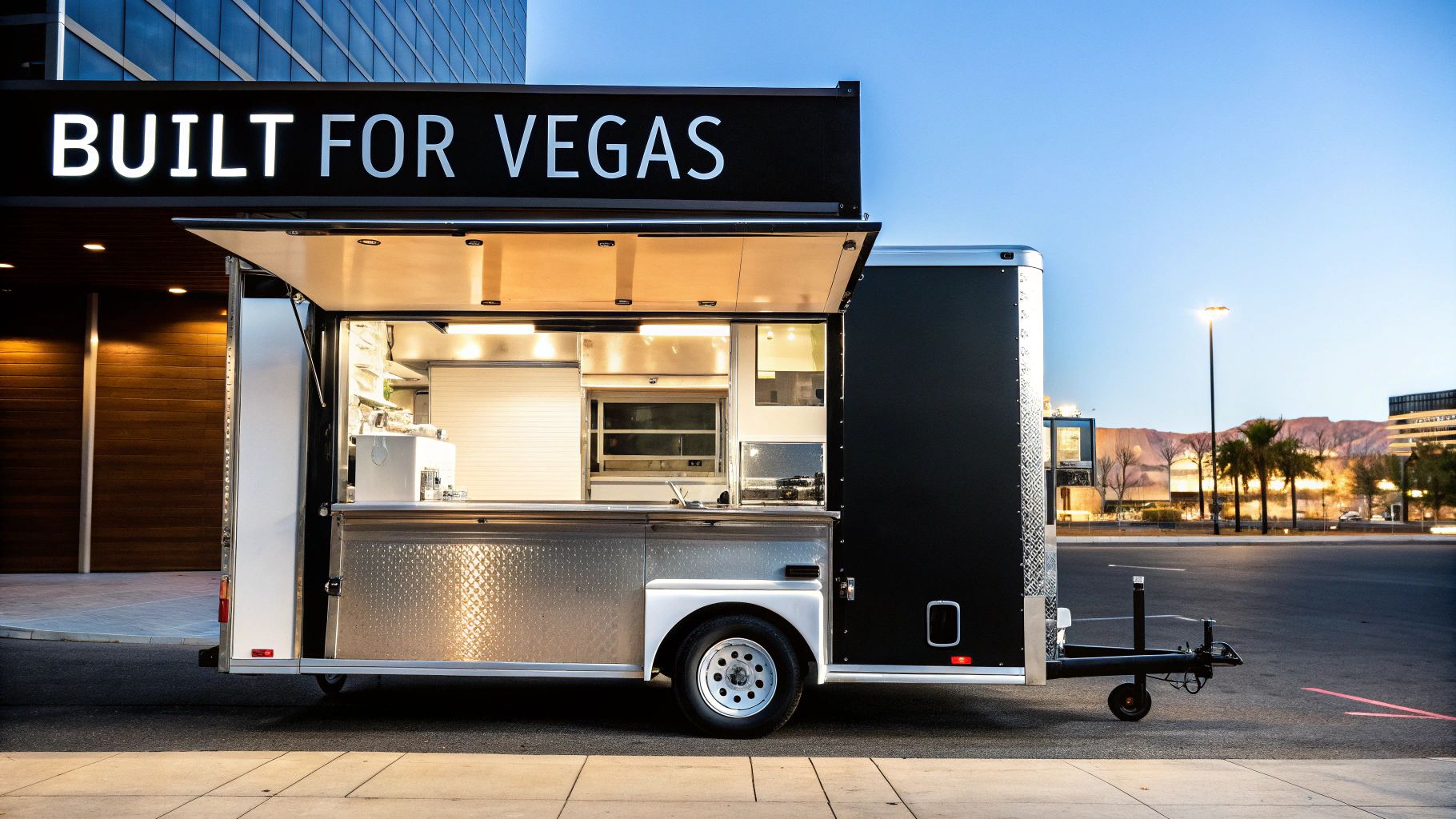 Modern food truck with "Built for Vegas" sign, open window showing illuminated cooking equipment.