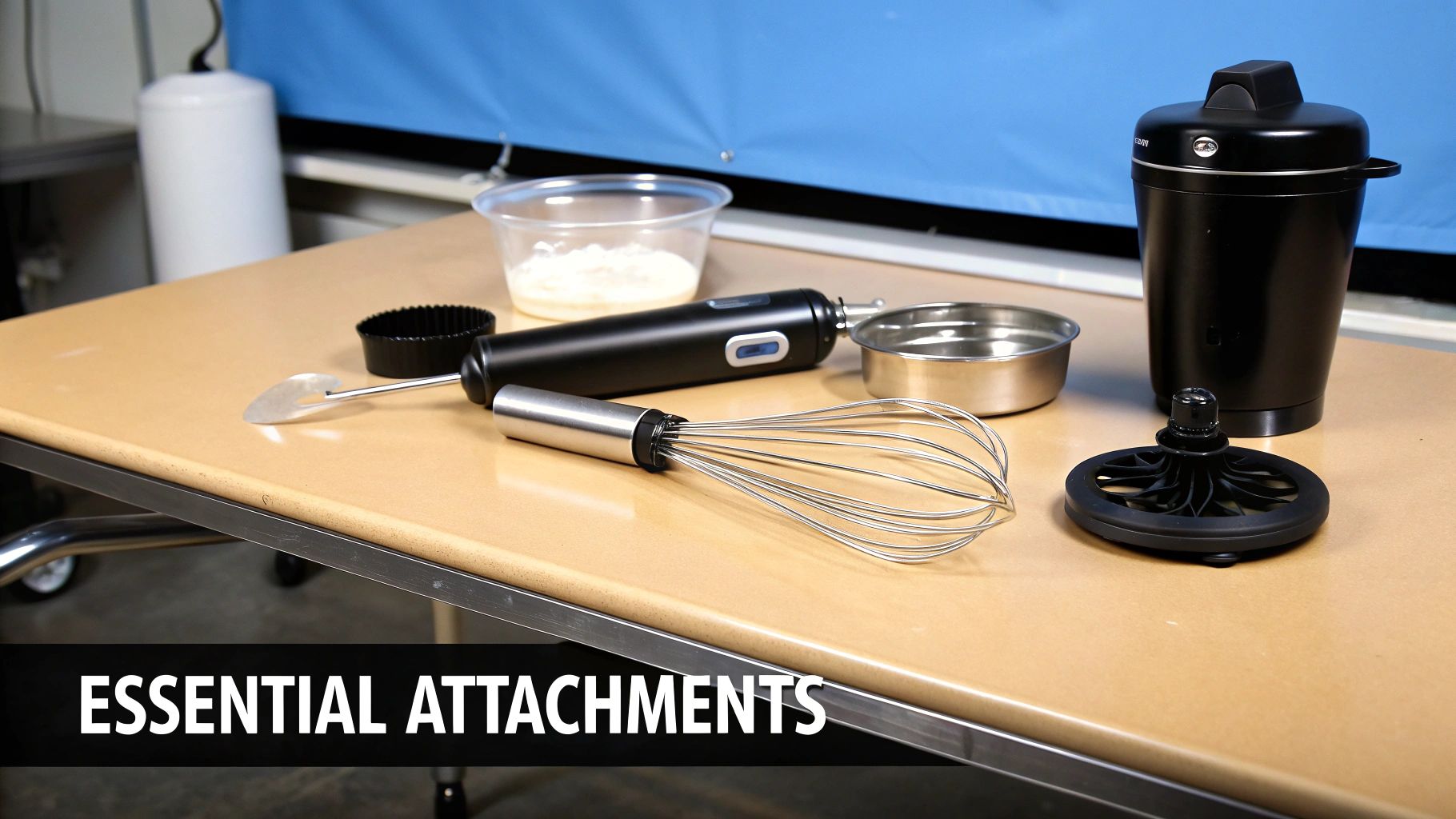 A set of essential immersion blender attachments, including a whisk, spatula, and mixing cups, on a table.