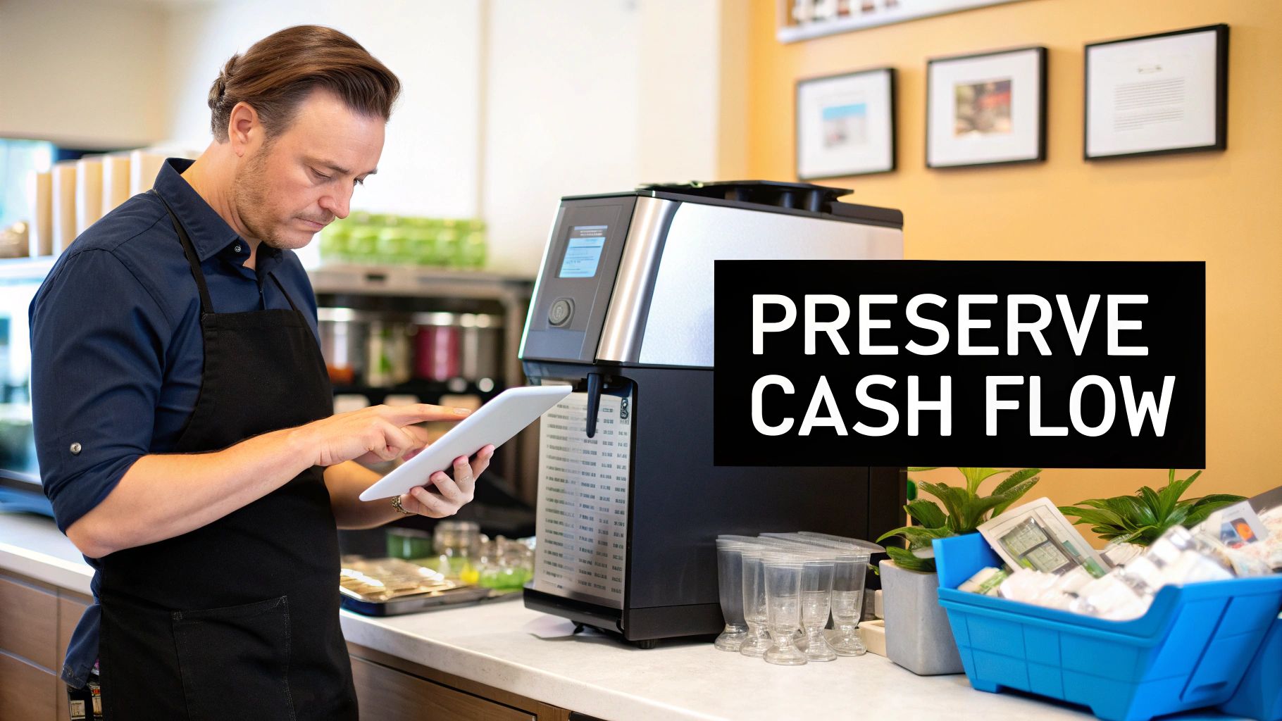 A man in an apron uses a tablet in a cafe setting with an ice machine, promoting 'PRESERVE CASH FLOW'.