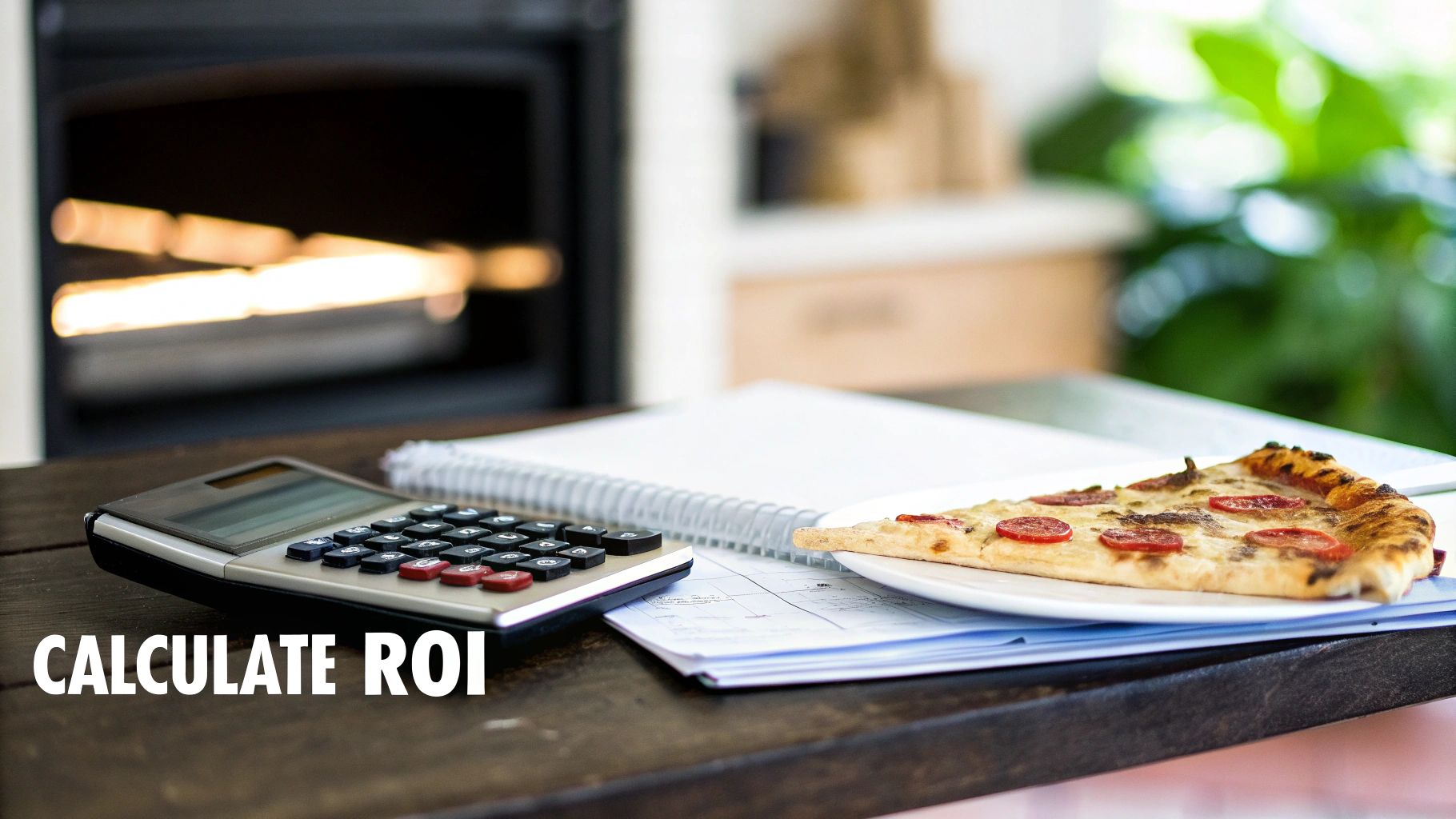 A calculator, notebook, documents, and a slice of pizza on a wooden table with "CALCULATE ROI" text.
