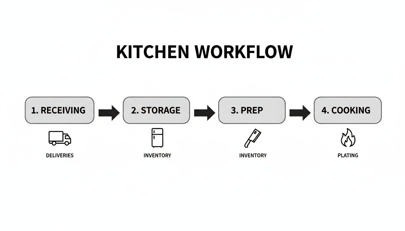 A diagram illustrates the four-step kitchen workflow: receiving deliveries, storage, prep, and cooking for plating.