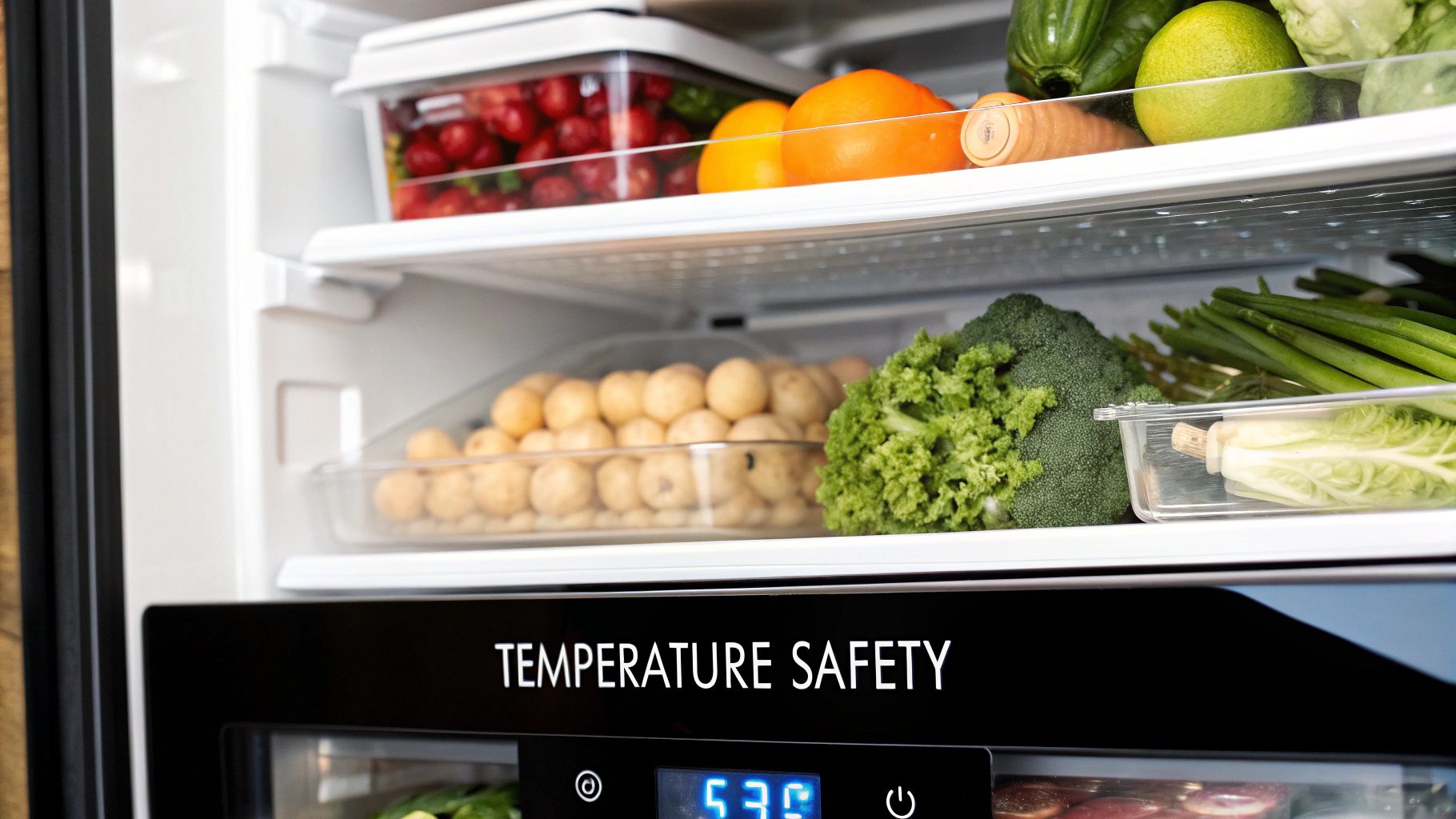 A clean refrigerator interior filled with fresh fruits and vegetables, displaying "TEMPERATURE SAFETY" and 5.3°C.