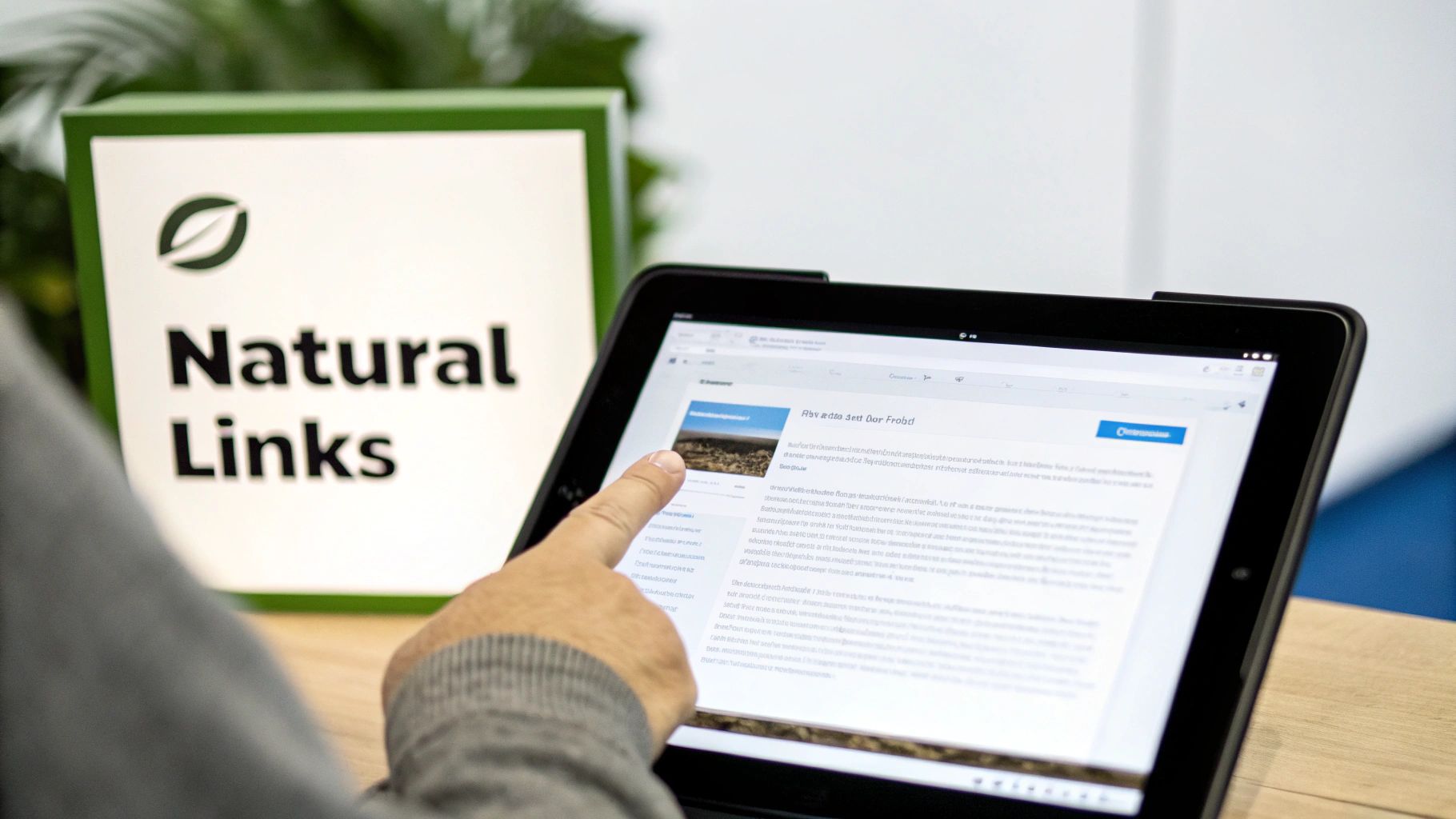 A person's hand points at a tablet screen displaying a webpage, with a 'Natural Links' sign in the blurred background.