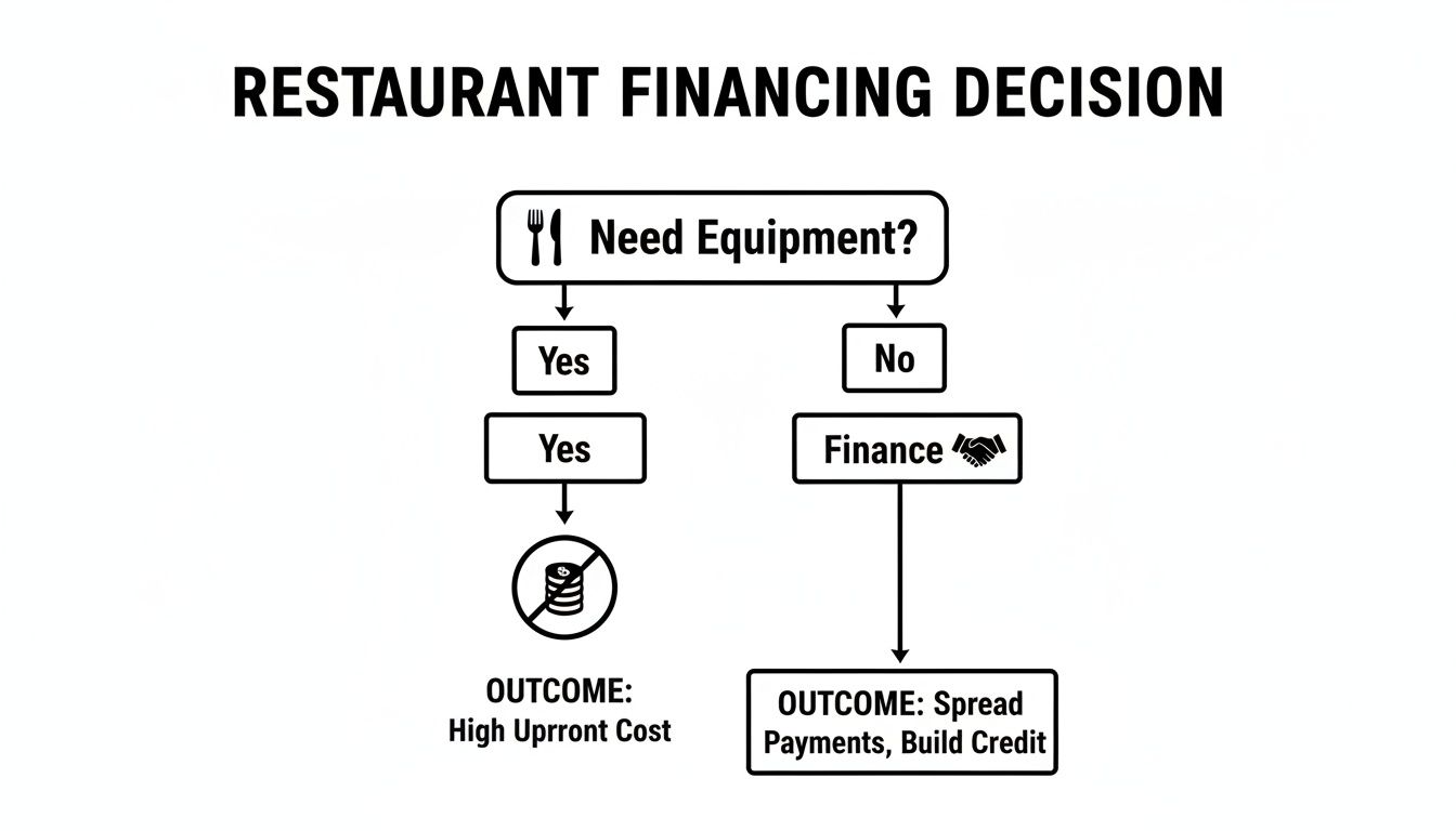 A flowchart for restaurant financing decisions, showing options for equipment leading to high upfront cost or spread payments.