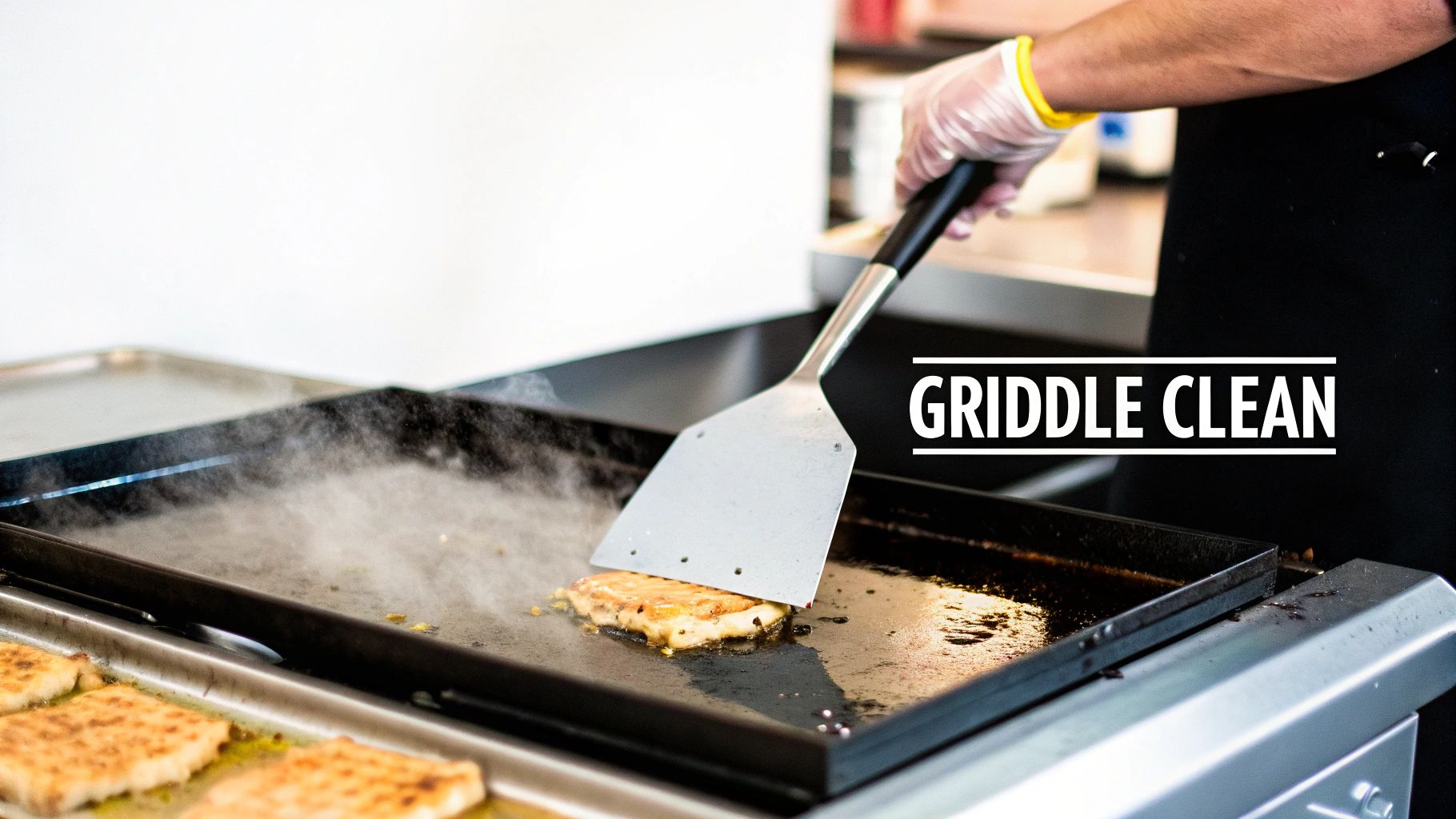 A chef in gloves uses a spatula to flip food on a hot, steaming commercial griddle.
