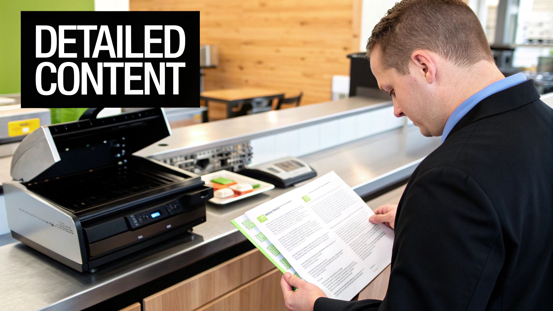 Man in a suit reading a document next to a modern grill and food items on a counter.