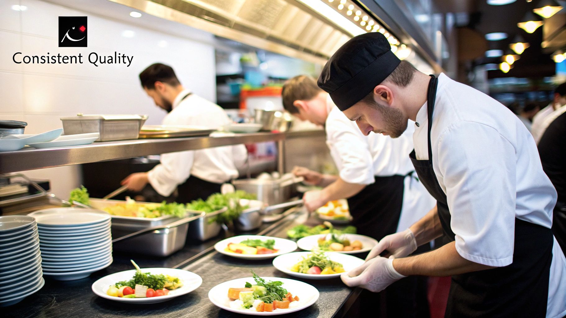 A chef carefully plating a dish in a commercial kitchen, representing consistency and quality.