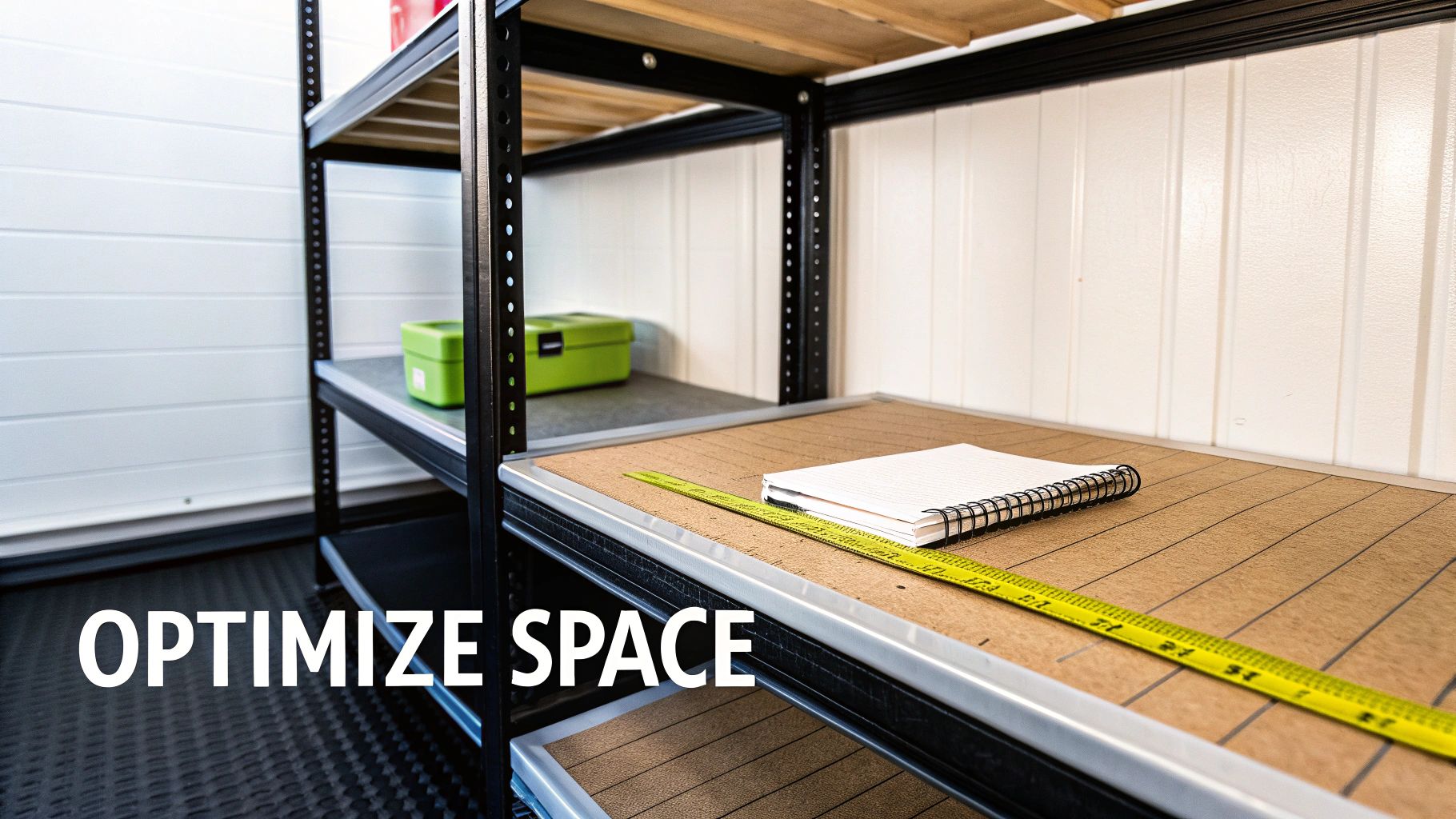 Black metal shelving unit in a garage or storage room, with a notebook and ruler on a shelf.