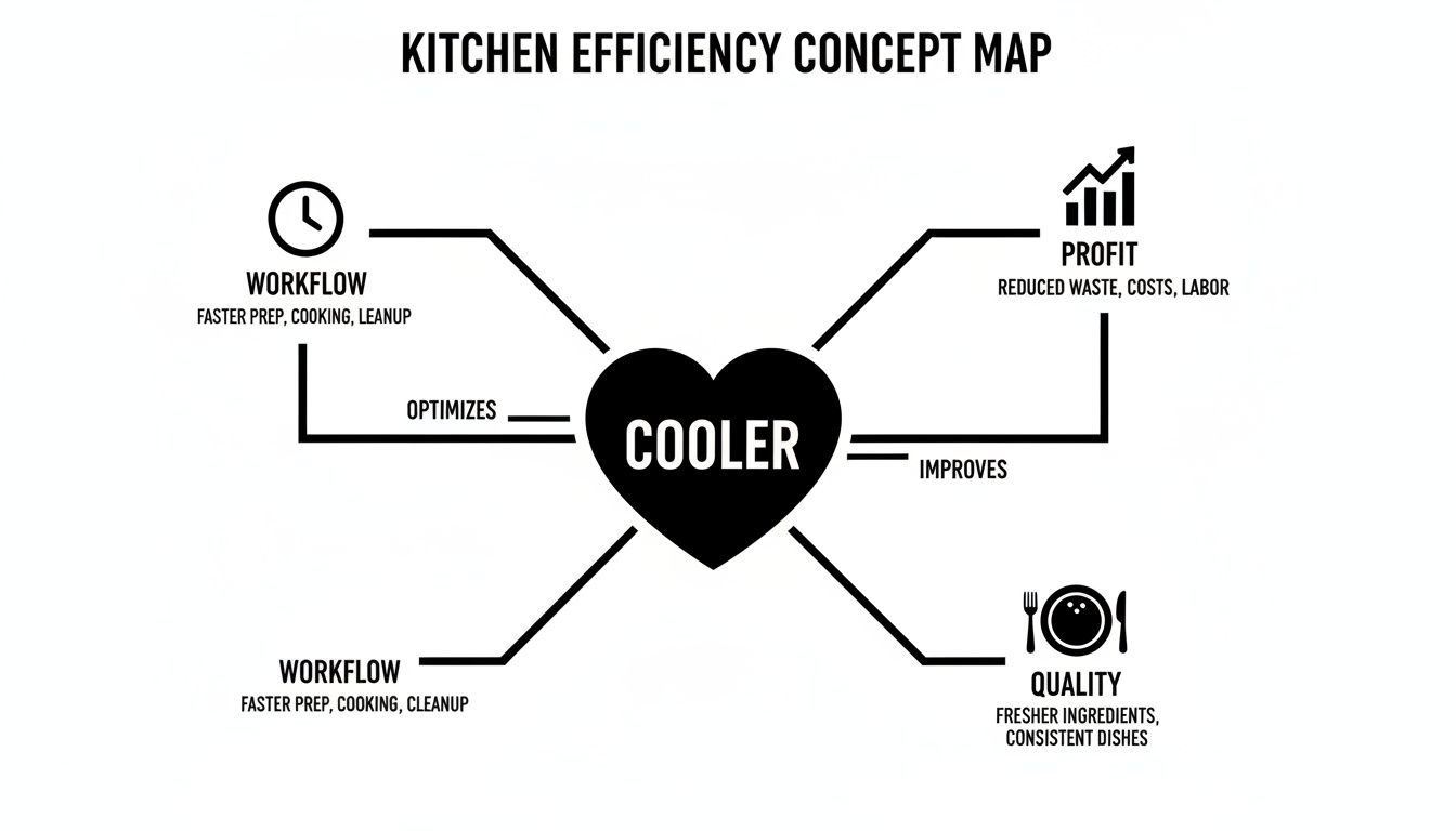 A concept map illustrating how a cooler optimizes workflow, profit, and quality in kitchen operations.