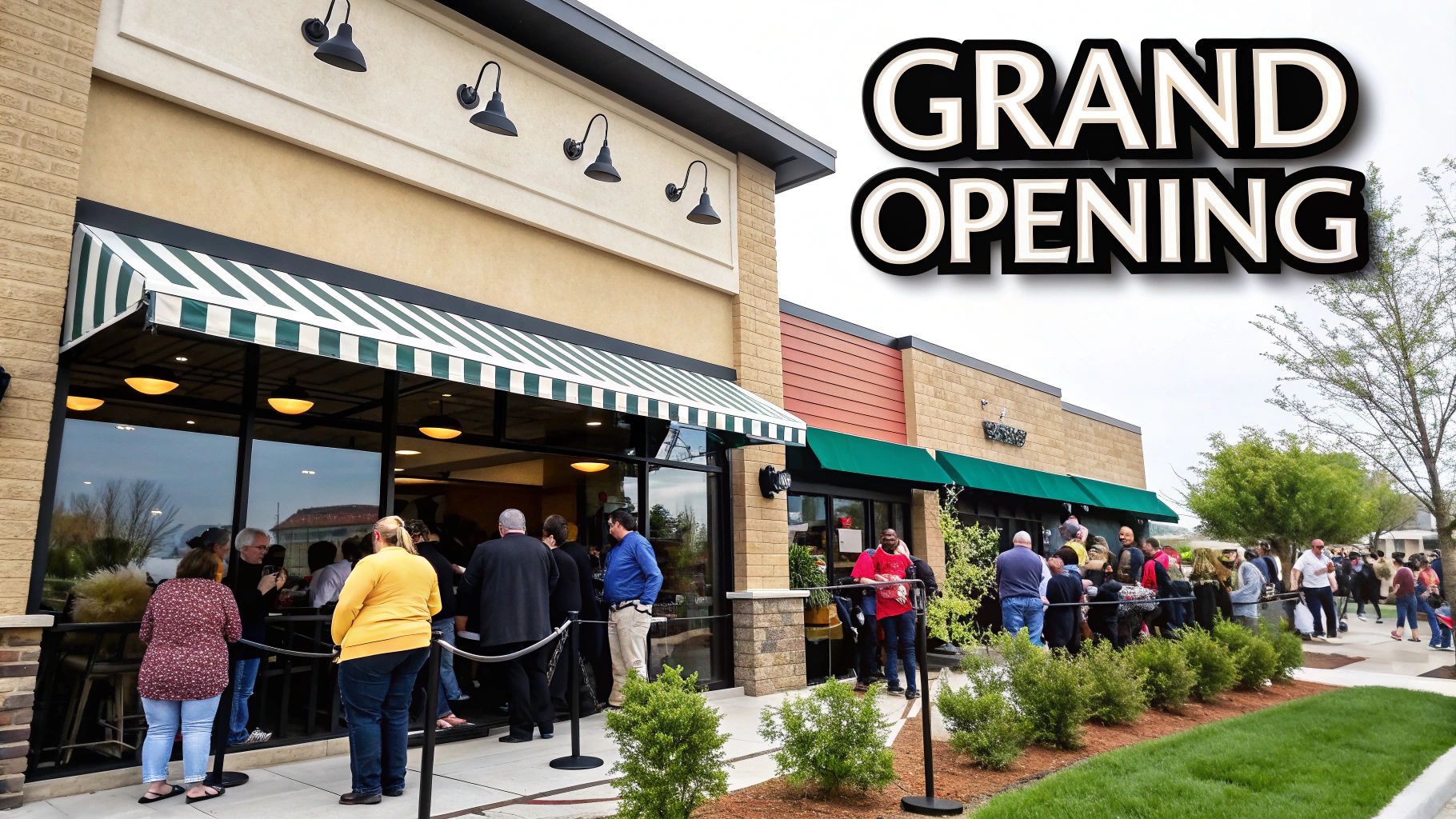 A restaurant owner smiling and welcoming guests at the entrance of their newly opened establishment