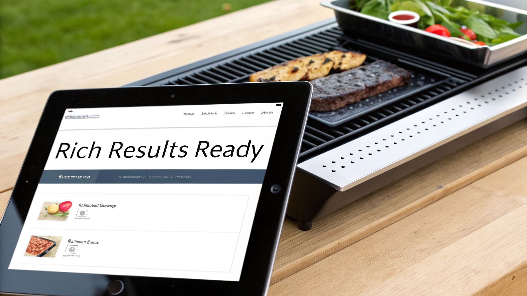 A tablet displaying 'Rich Results Ready' next to a grill with steak, bread, and salad.