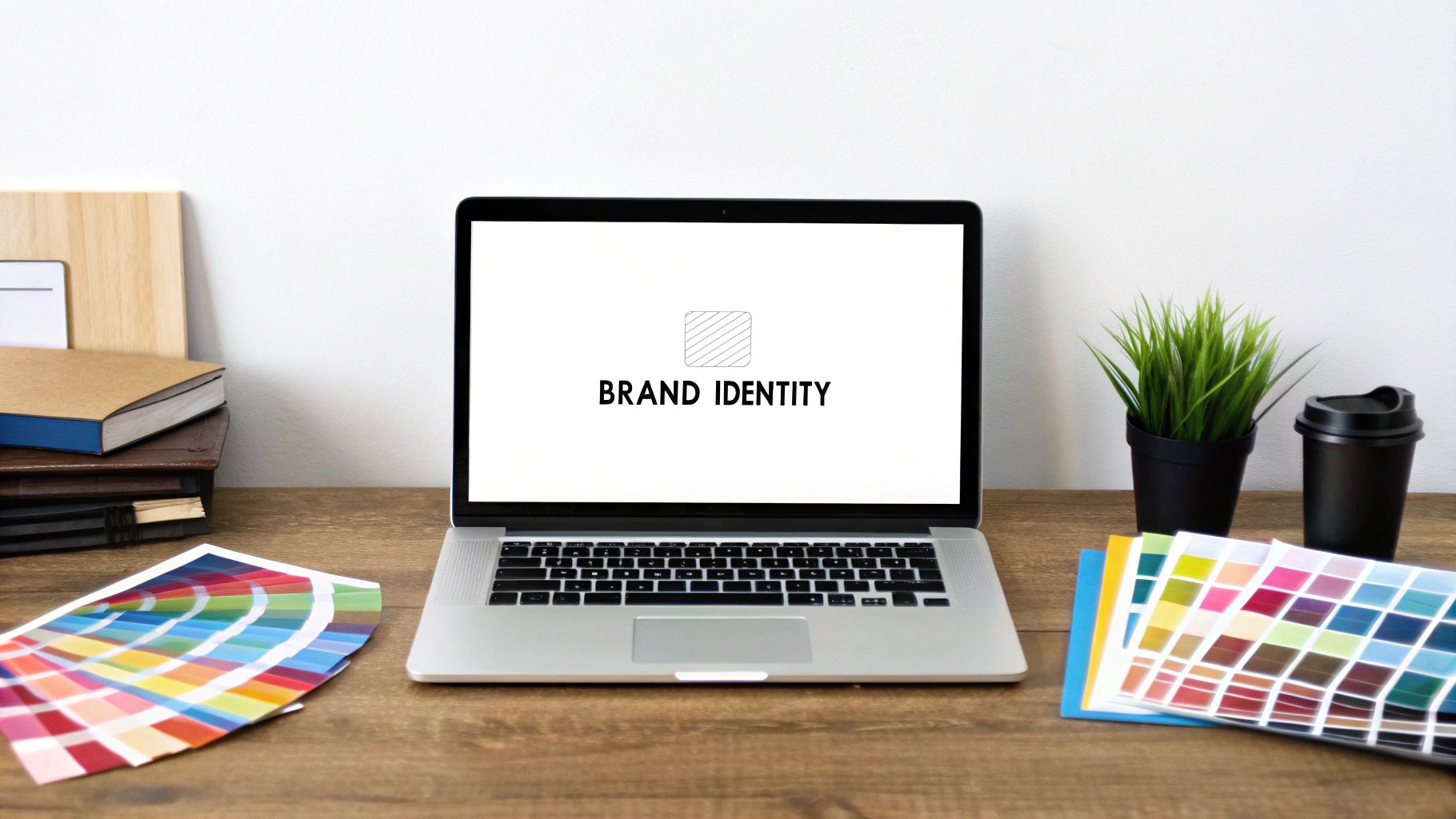 A brand designer's desk with color swatches, font samples, and a laptop displaying logo variations.