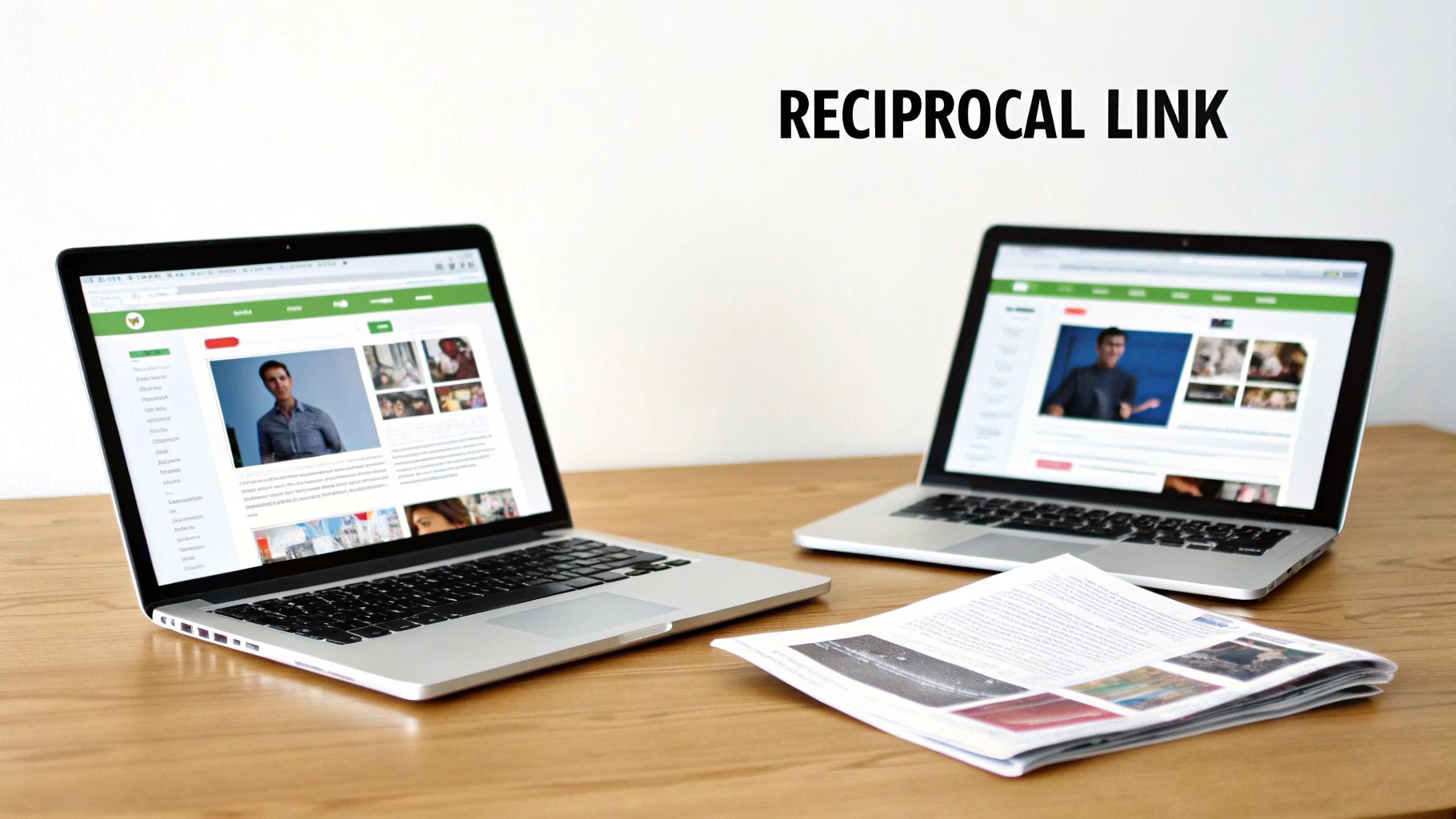 Two laptops displaying web pages on a wooden desk, illustrating the concept of reciprocal links.