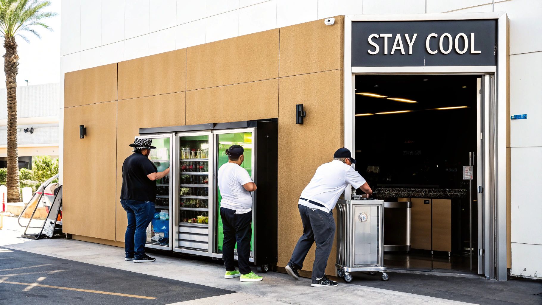Three men interacting with commercial coolers and an entrance signed "STAY COOL" outside a store.