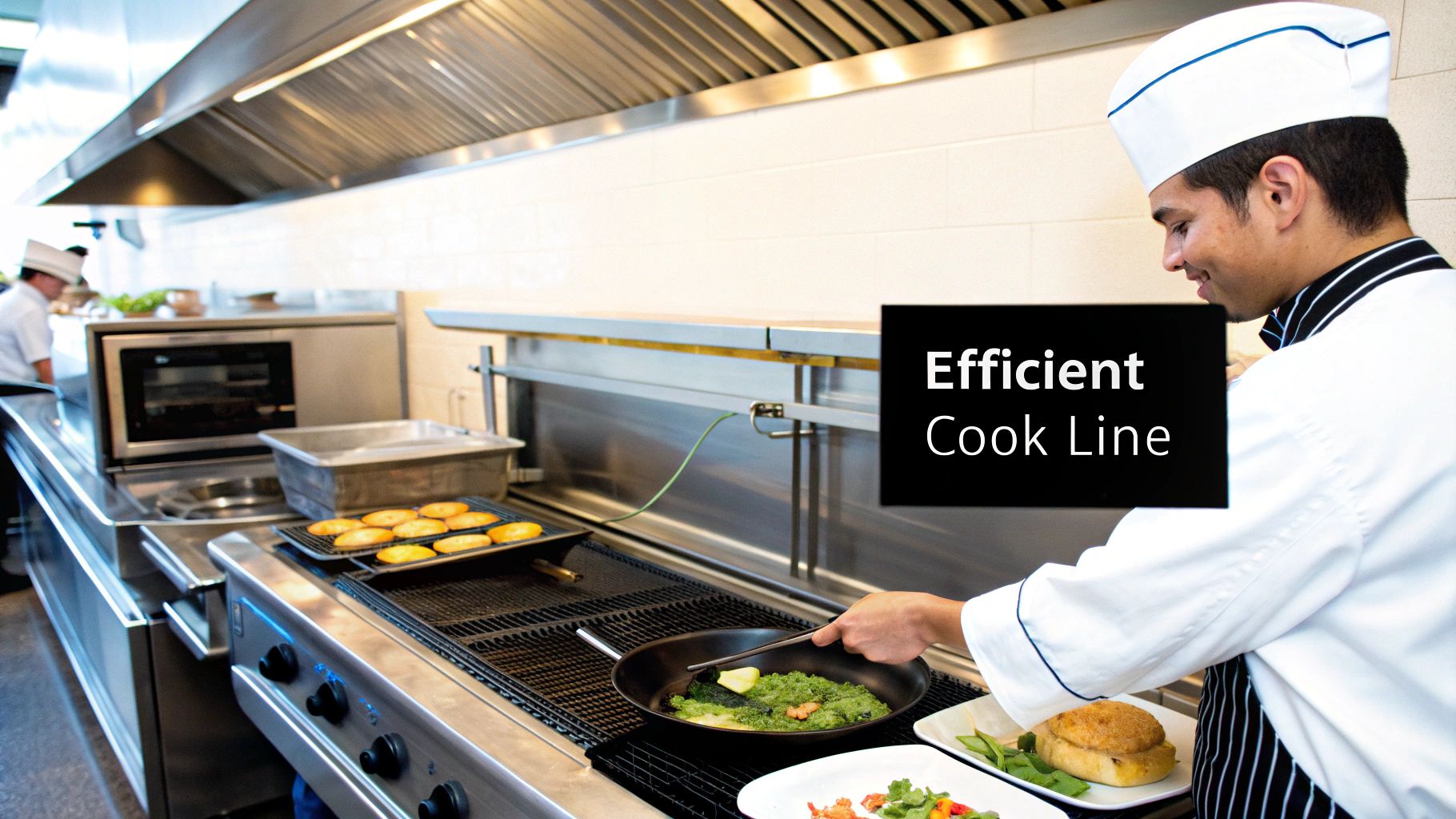 A chef cooks and prepares meals on a professional stainless steel cook line in a commercial kitchen.