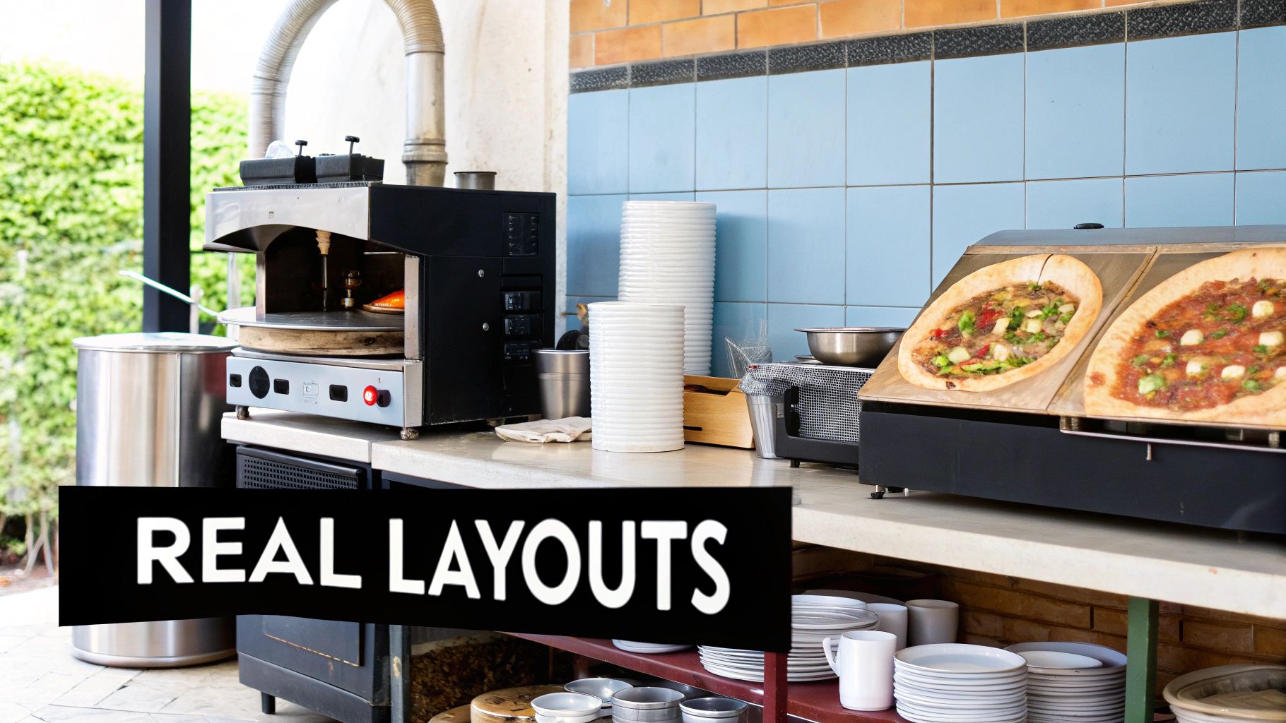 A bustling restaurant kitchen counter featuring a pizza oven, two fresh pizzas, and stacks of plates.