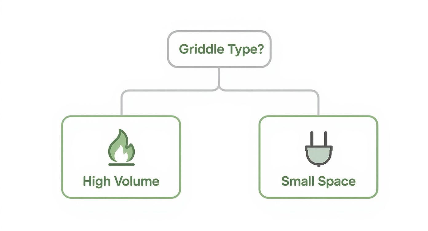Decision tree illustrating griddle types: gas for high volume and electric for small spaces.