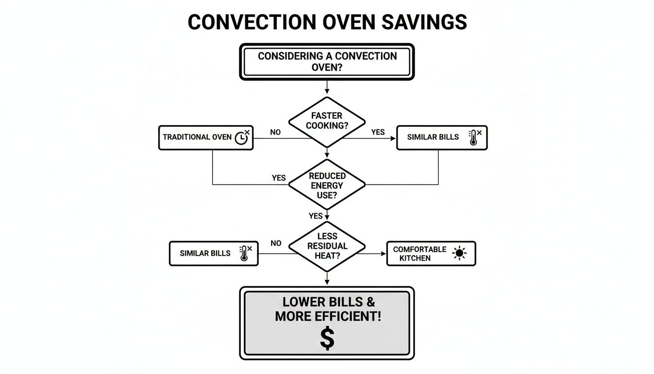 Flowchart illustrating the benefits of a convection oven, leading to faster cooking, reduced energy use, and lower bills.