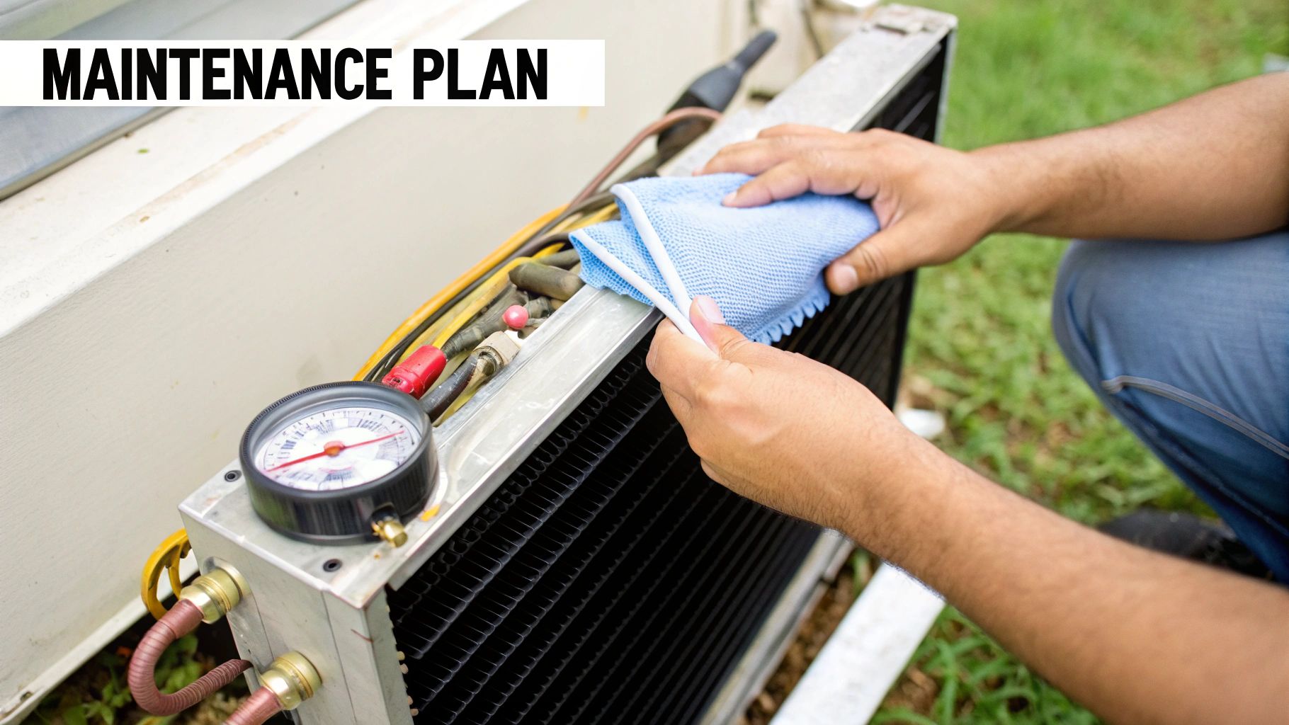 Hands cleaning an outdoor HVAC unit with a cloth, performing AC maintenance.