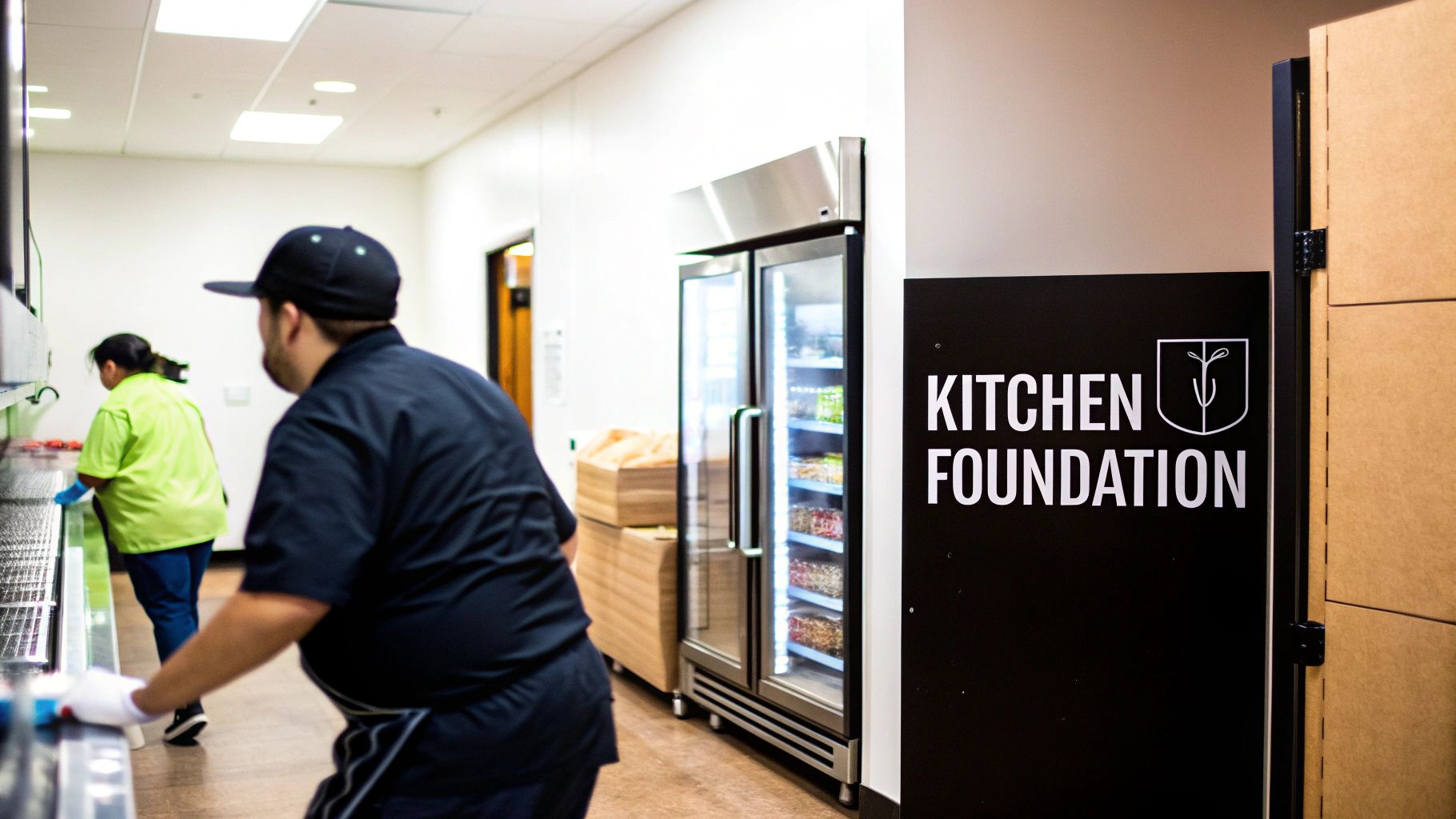 Two people working in a commercial kitchen with a large stainless steel cooler and a "KITCHEN FOUNDATION" sign.