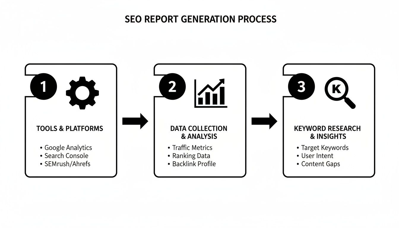 A diagram outlining the three-step SEO report generation process, from tools to keyword insights.