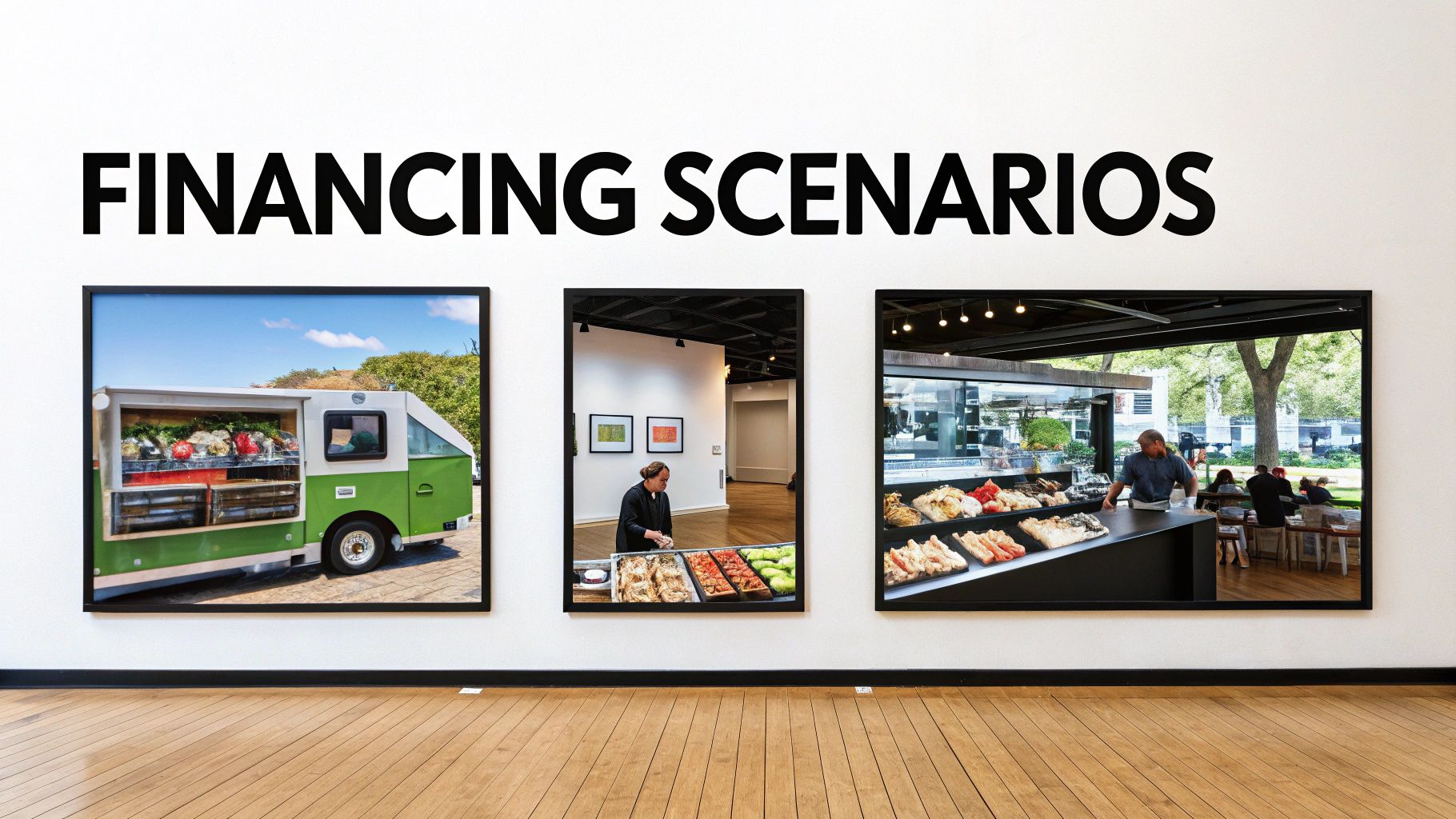 Three framed images showcasing different food business financing scenarios: a food truck, an indoor stall, and an outdoor restaurant.