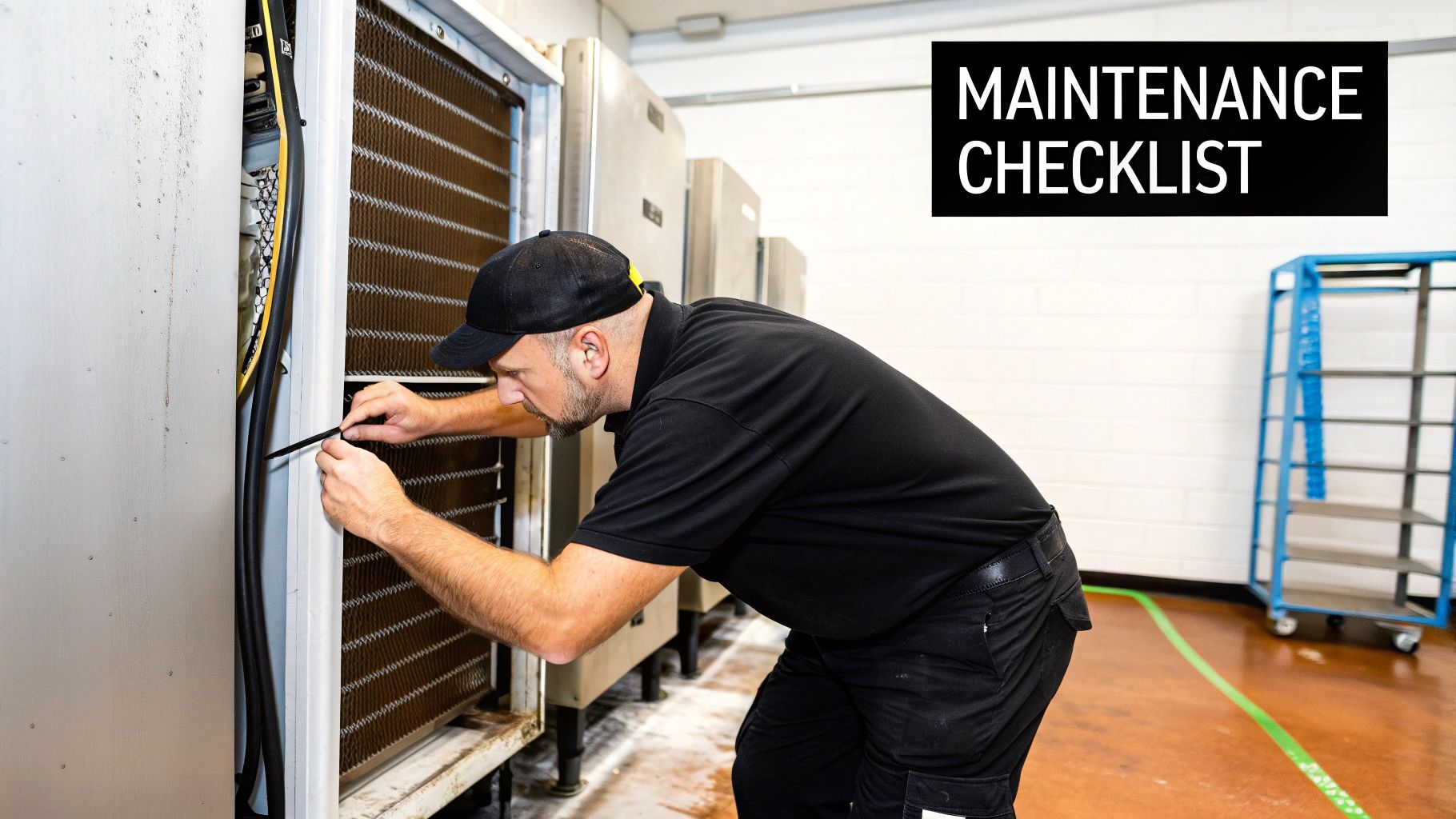 A technician cleaning the condenser coils on a commercial refrigeration unit.