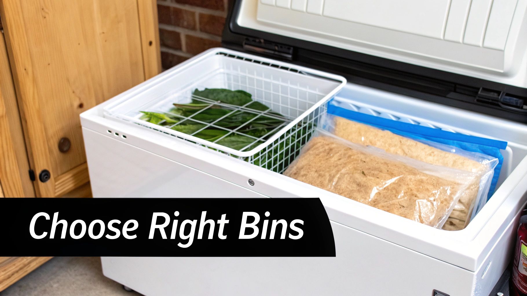 An open chest freezer with food organized in a wire bin of greens and plastic bags.