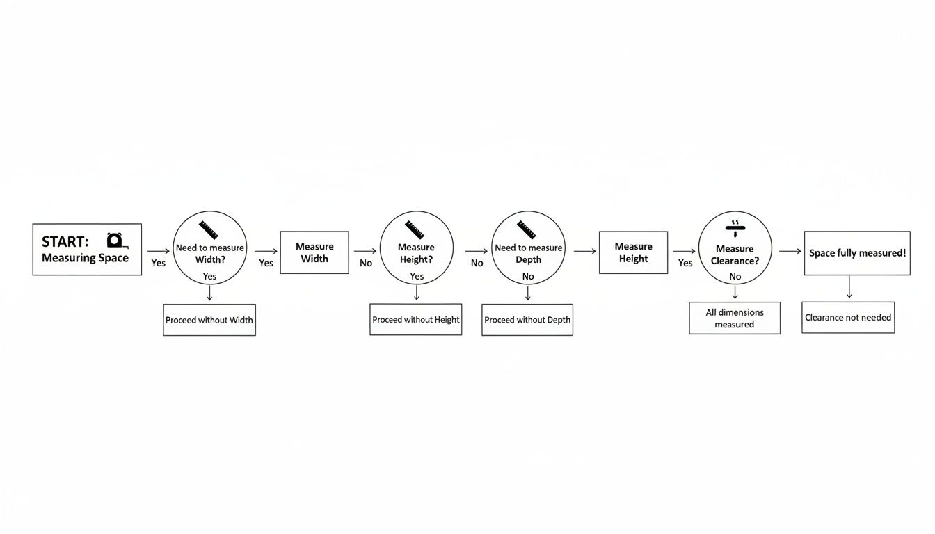 A flowchart outlining the systematic process of measuring a space for width, height, depth, and clearance.