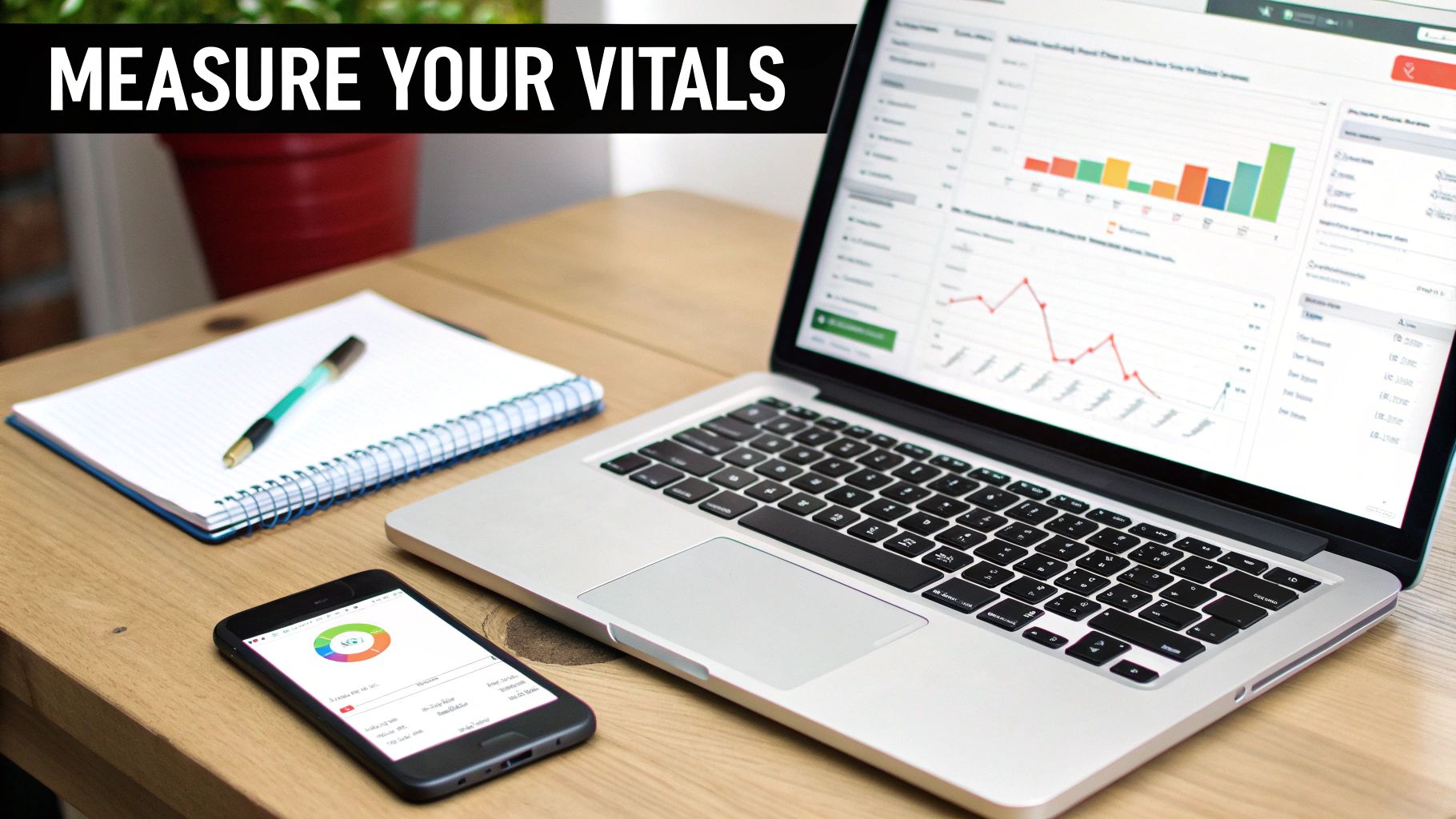 A clean desk setup with a laptop displaying various performance charts, a smartphone showing a pie chart, and a notebook with a pen, ideal for data analysis.