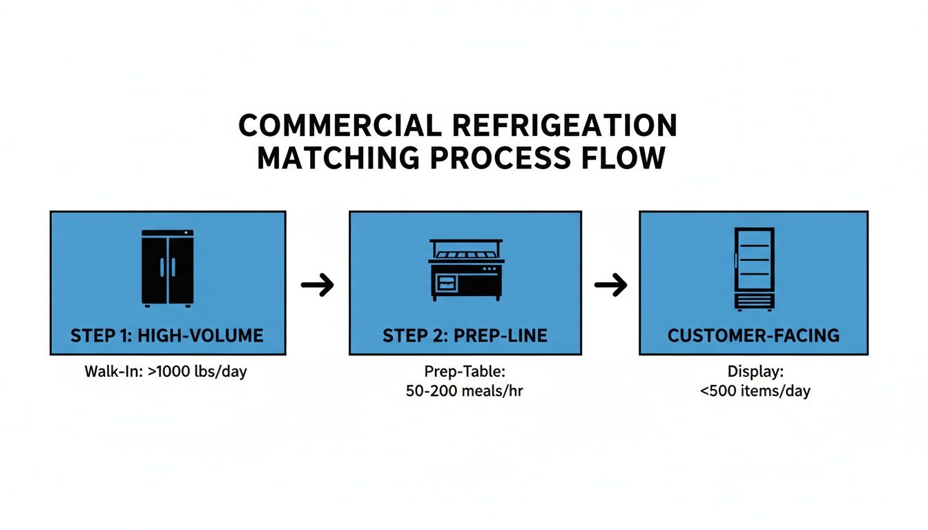 Process flow diagram showing three steps for commercial refrigeration matching: high-volume, prep-line, customer-facing.