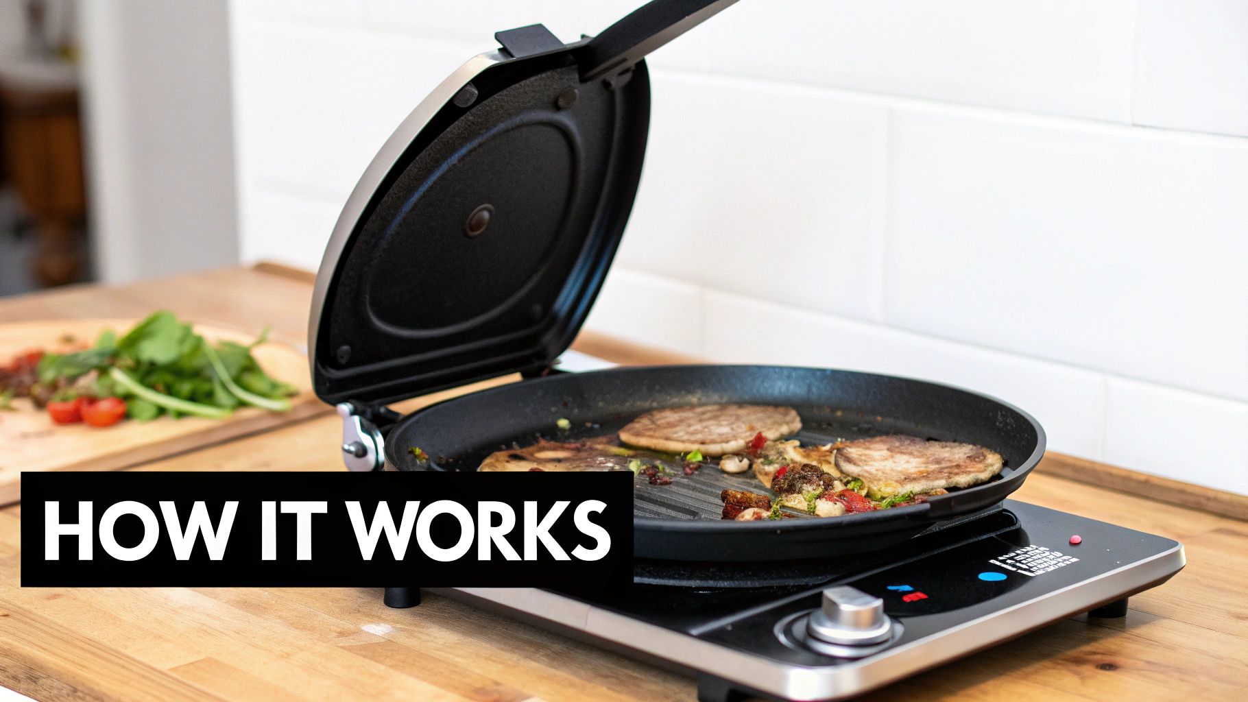 An open electric tilting skillet on a wooden counter, cooking meat patties and chopped vegetables.