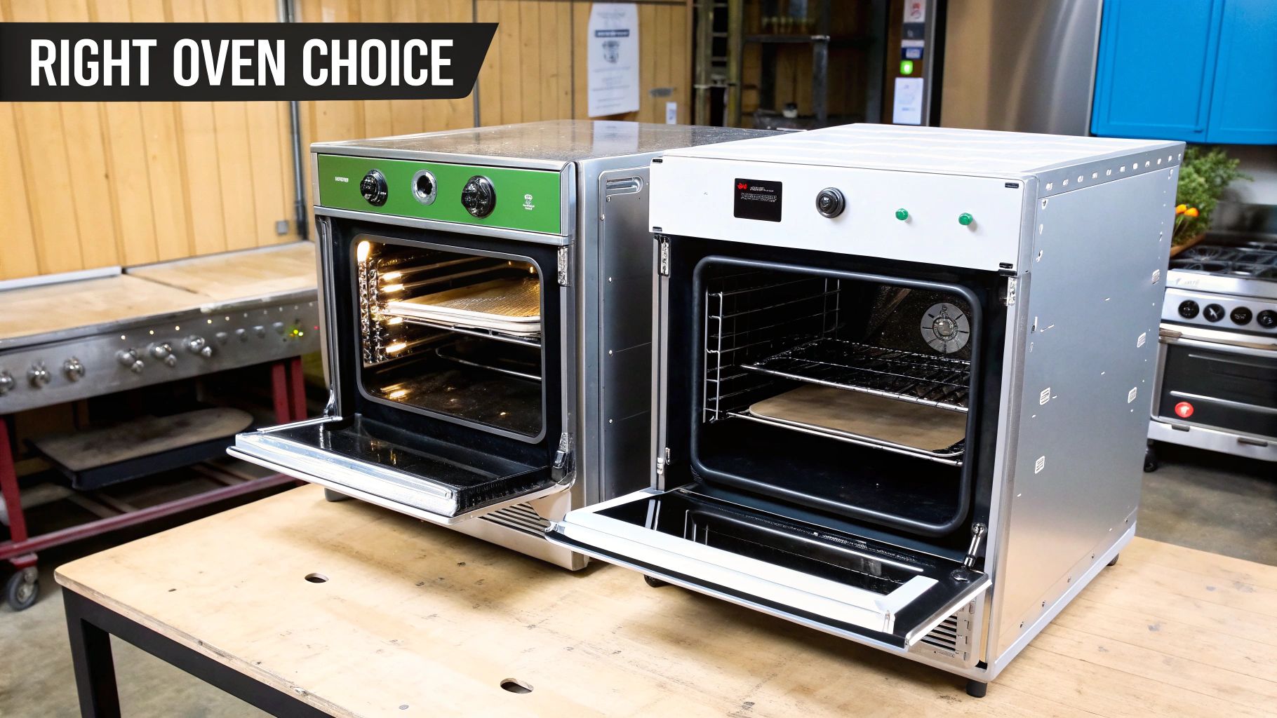 A chef loading a tray into a commercial electric convection oven.