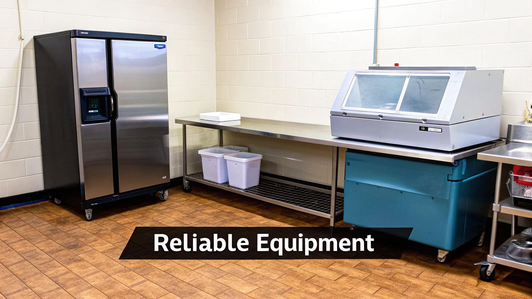 A clean commercial kitchen with stainless steel appliances, including a refrigerator and prep tables.