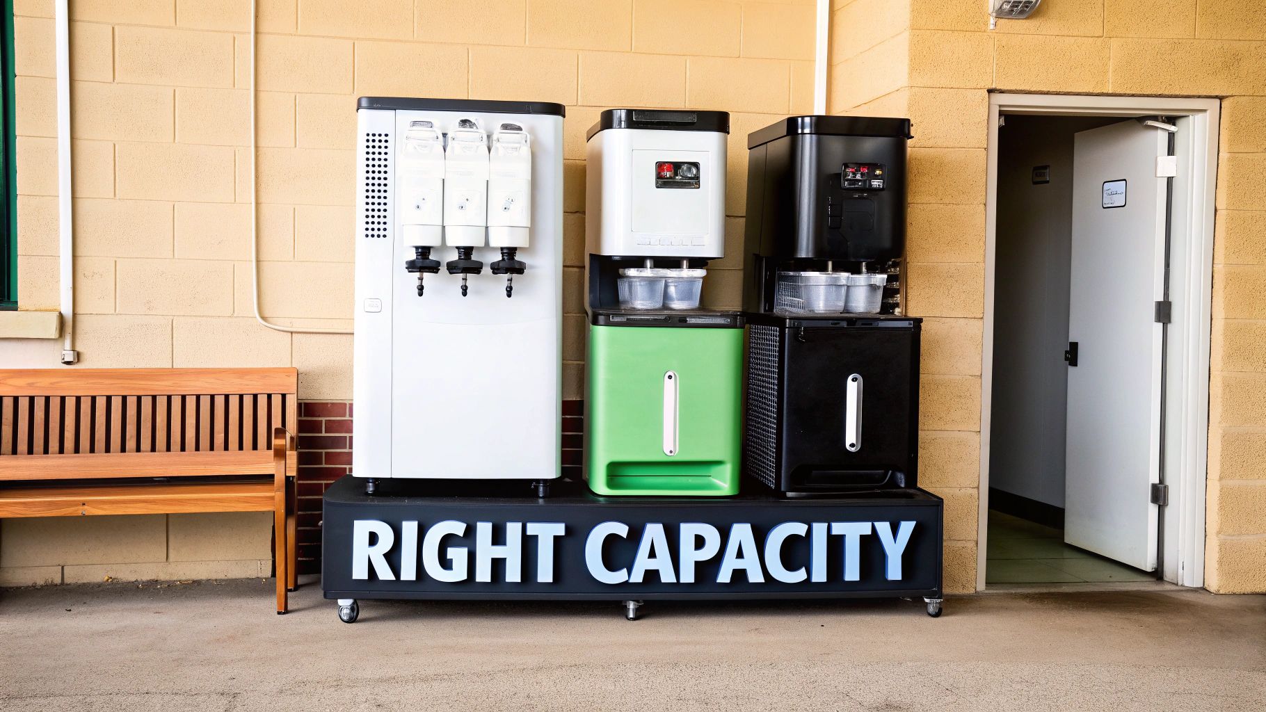 Commercial beverage and ice cream machines, white, green, and black, on a labeled "RIGHT CAPACITY" stand.