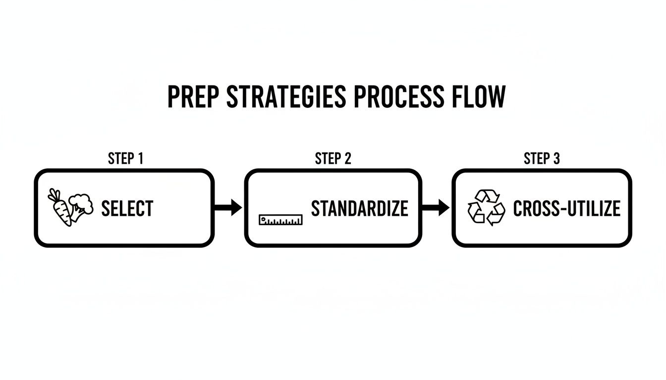 Flowchart outlining prep strategies process: select, standardize, and cross-utilize, with descriptive icons.