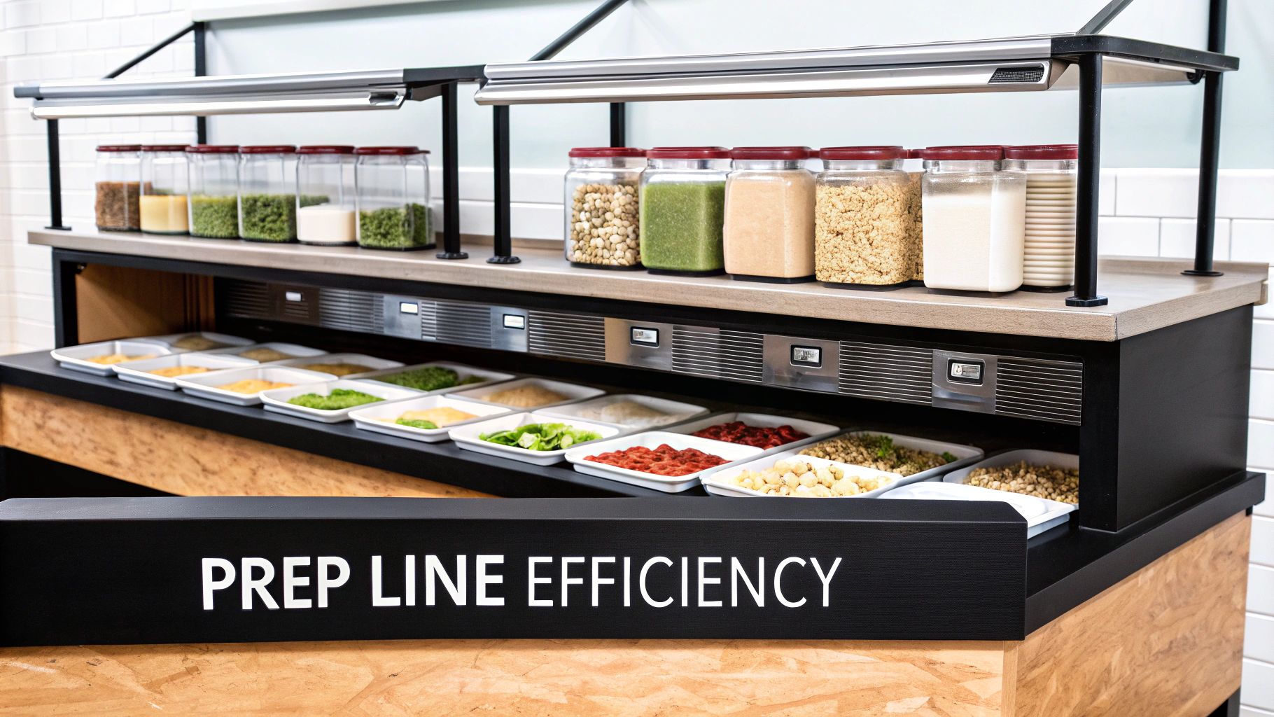 A well-organized pizza prep station with commercial kitchen shelving holding various ingredients.