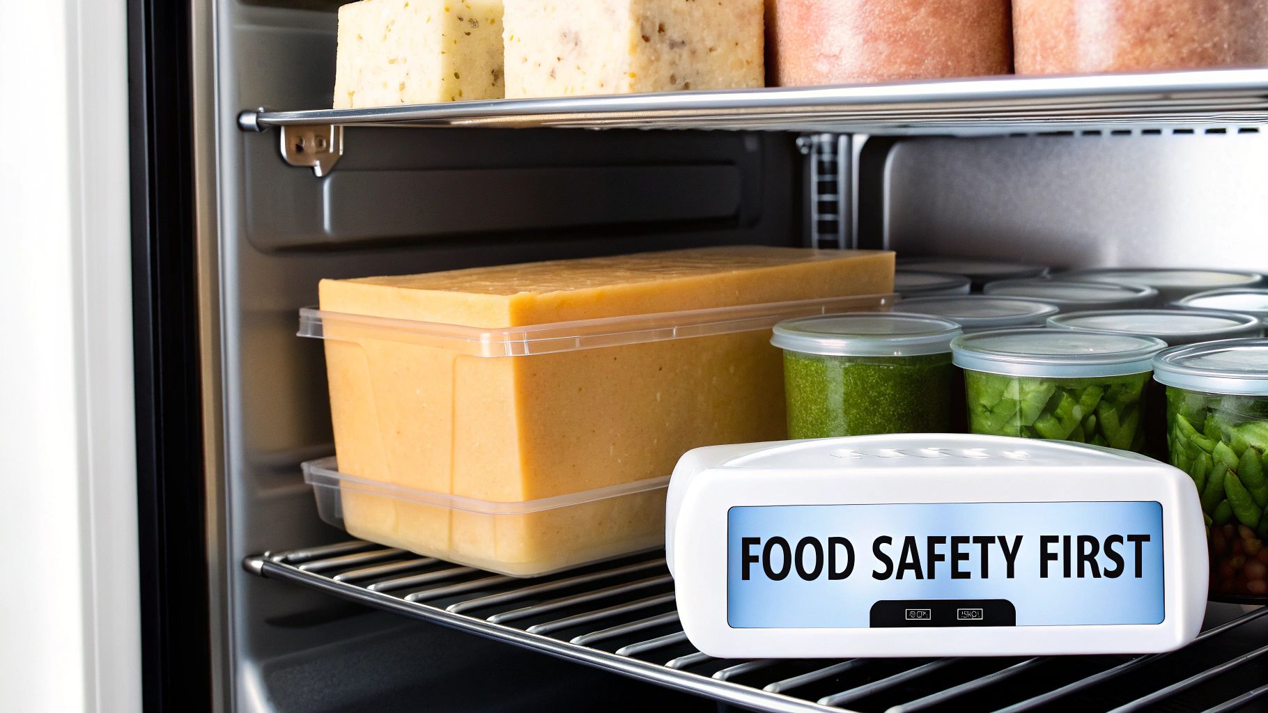 A person checking the temperature inside a reach-in cooler filled with fresh pizza ingredients.