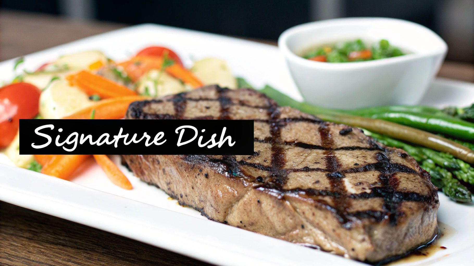 A perfectly grilled steak served on a white plate with roasted vegetables and a side of green soup, labeled 'Signature Dish'.