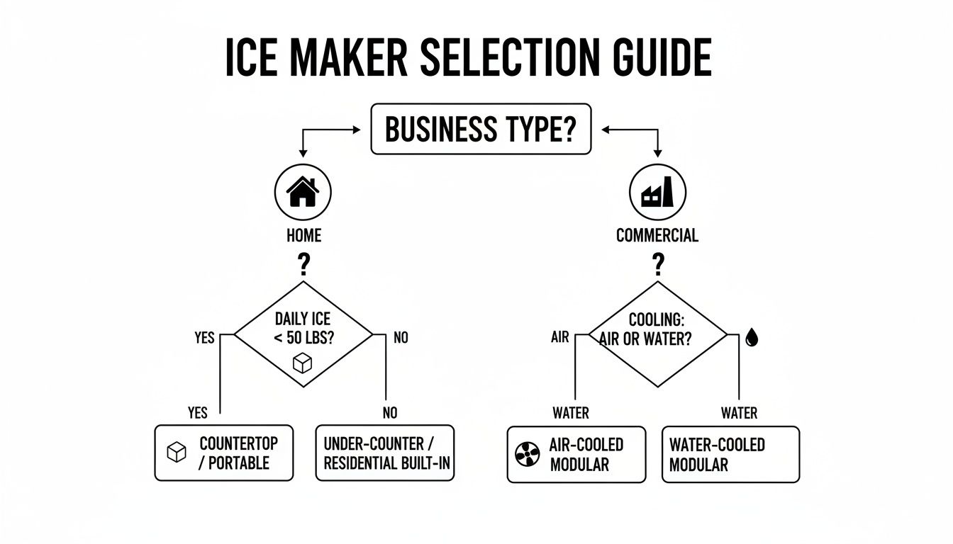 A flowchart guides ice maker selection based on home or commercial use, daily ice production, and cooling type.
